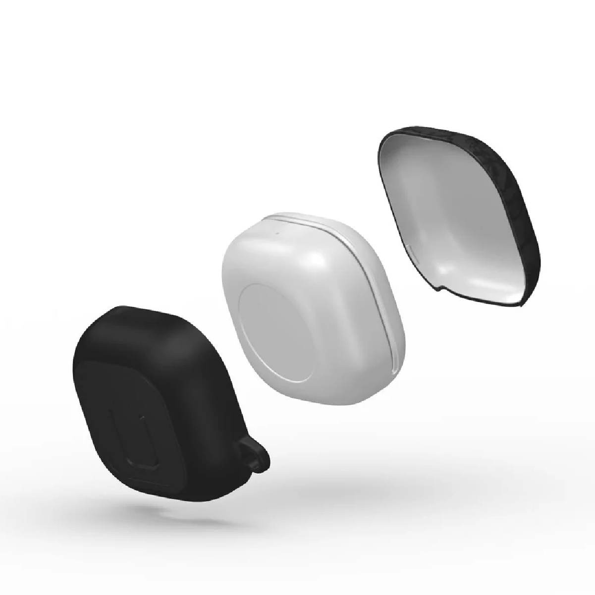 Vista esplosa di una custodia per auricolari bianca e nera. La custodia è in tre parti, nera, bianca e nera. Sfondo bianco.