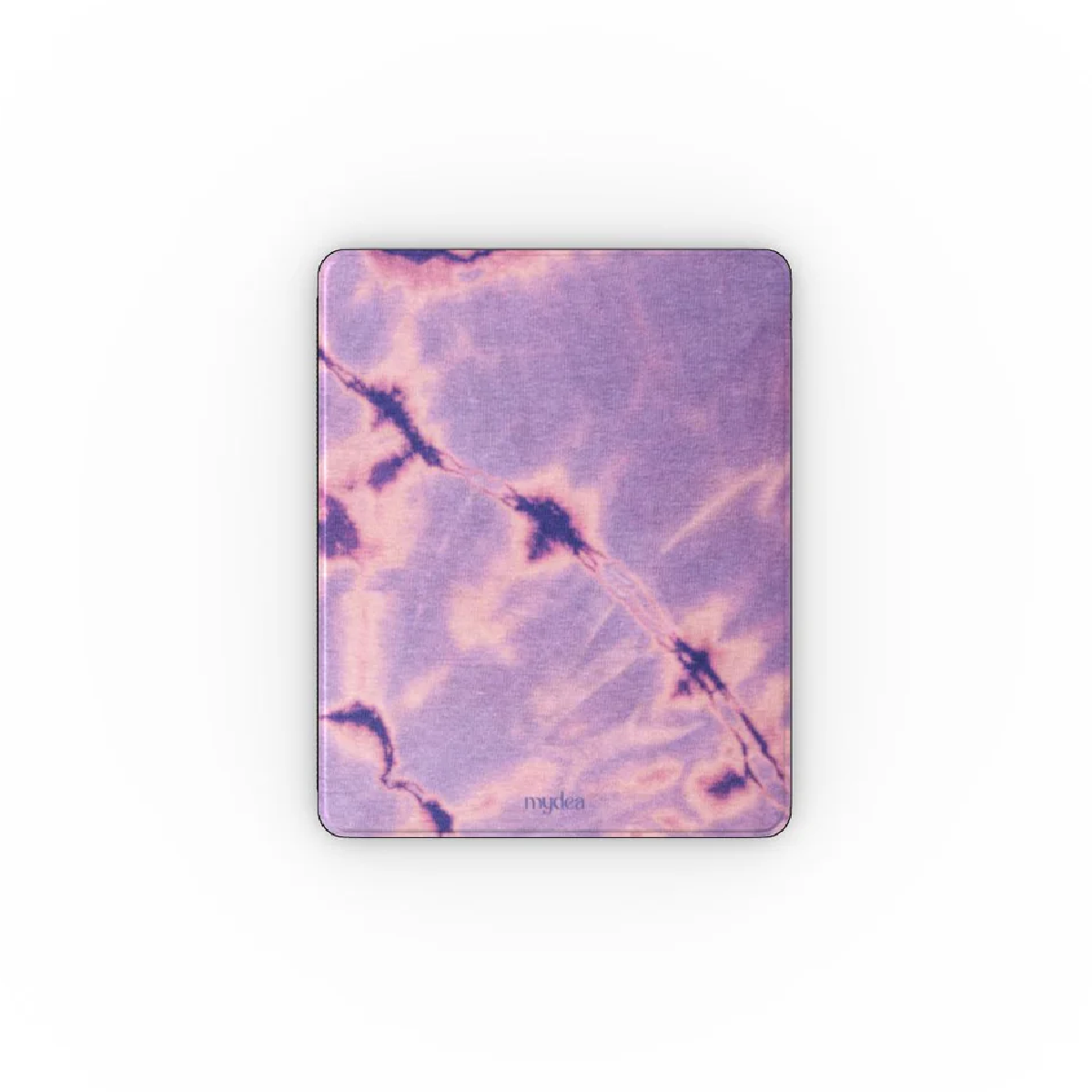 Un tappetino per mouse rettangolare con un motivo tie-dye viola e rosa chiaro. La parola 'mydea' è visibile in basso.