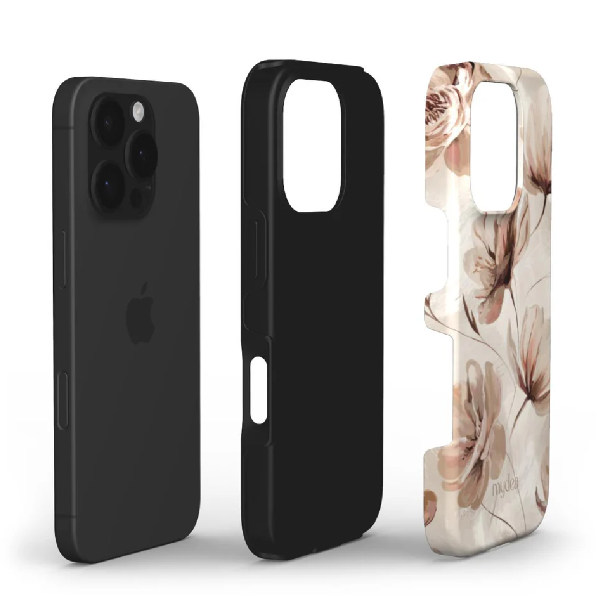 Tre custodie per iPhone: telefono nero, custodia protettiva nera e custodia con design floreale con fiori rosa su sfondo bianco.