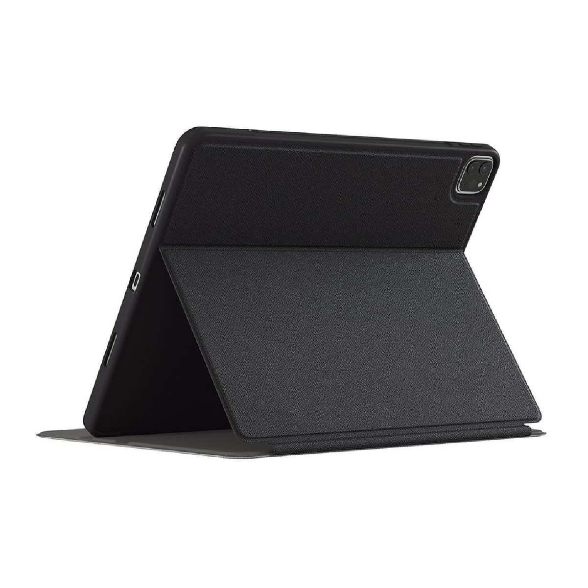 Un tablet nero in una custodia. Il tablet è appoggiato, con la custodia piegata per fungere da supporto. Lo sfondo è bianco.