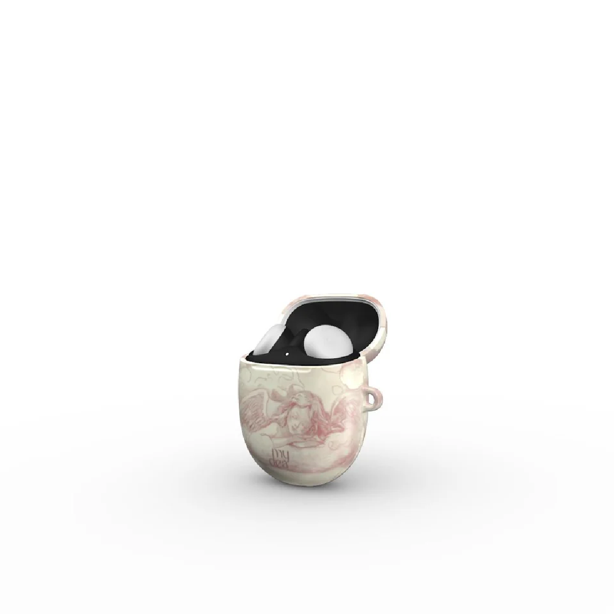 Una custodia AirPod aperta e decorata con due auricolari bianchi all'interno. La custodia presenta un disegno di angelo rosa su sfondo crema.