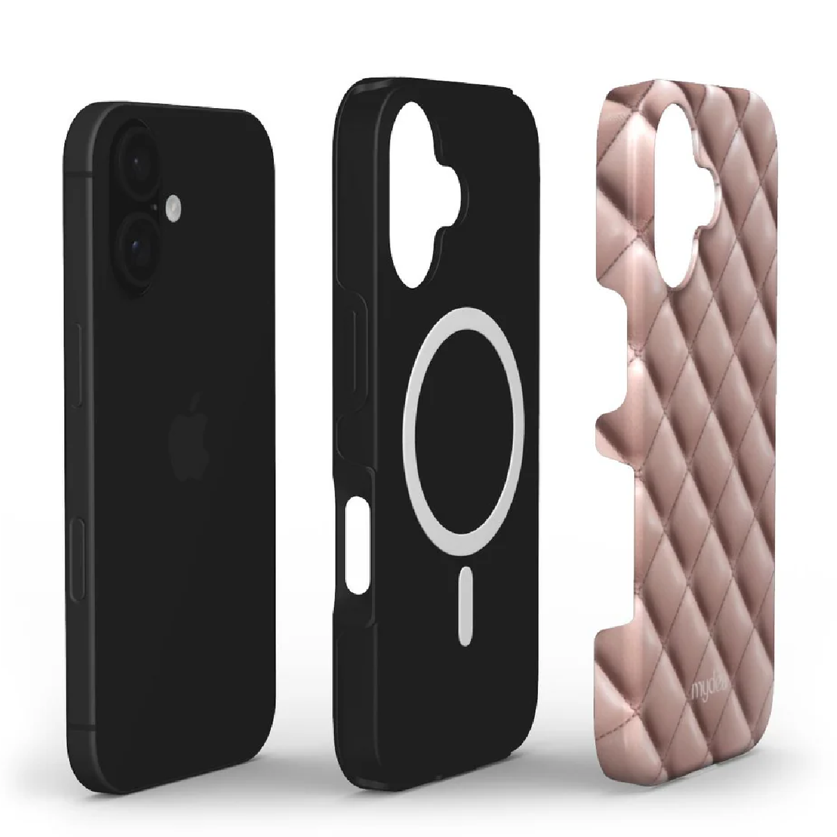 Tre custodie per telefono: iPhone nero, custodia nera con cerchio bianco e custodia trapuntata rosa.