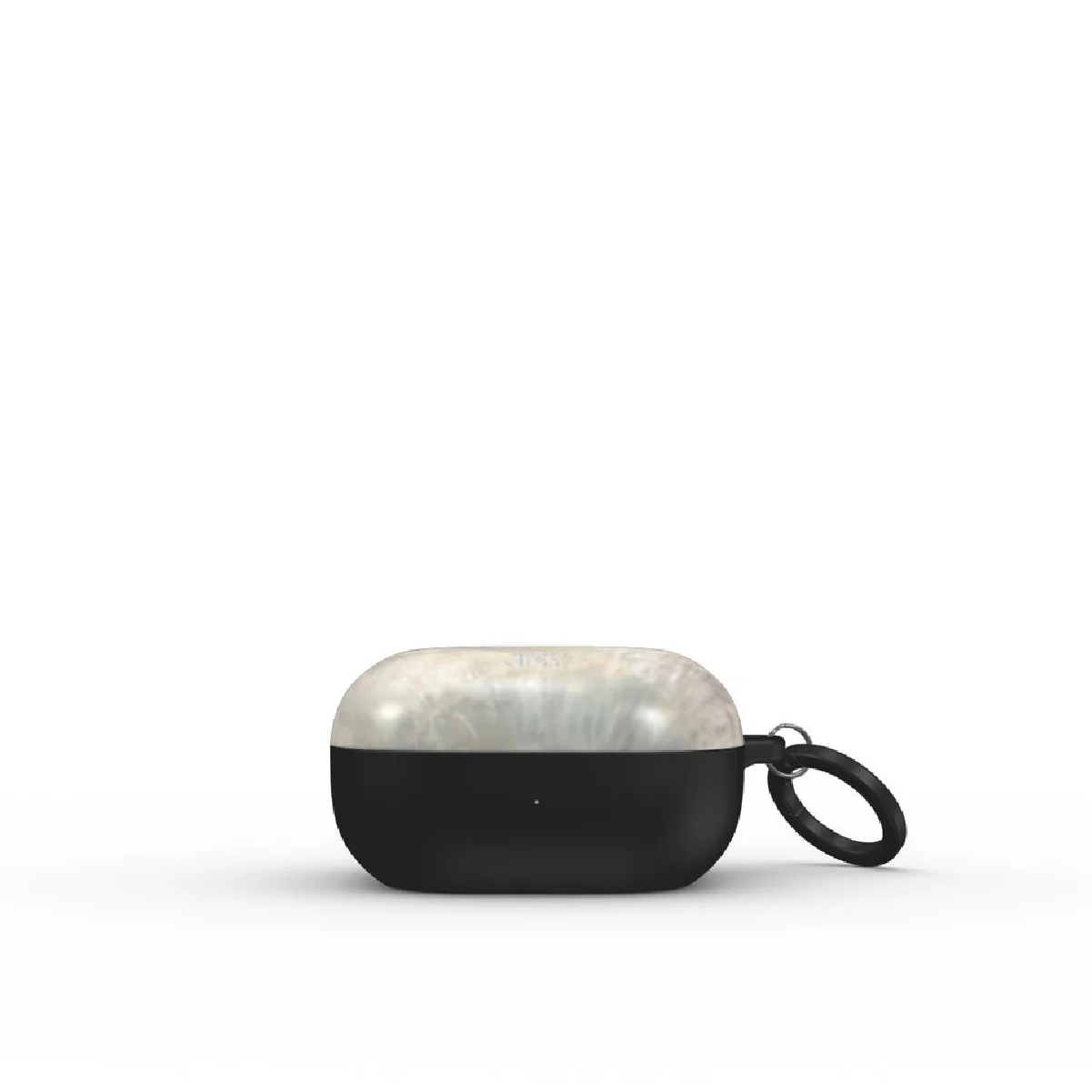 Una custodia per auricolari bianca e nera con parte superiore perlata, fondo nero e anello nero.