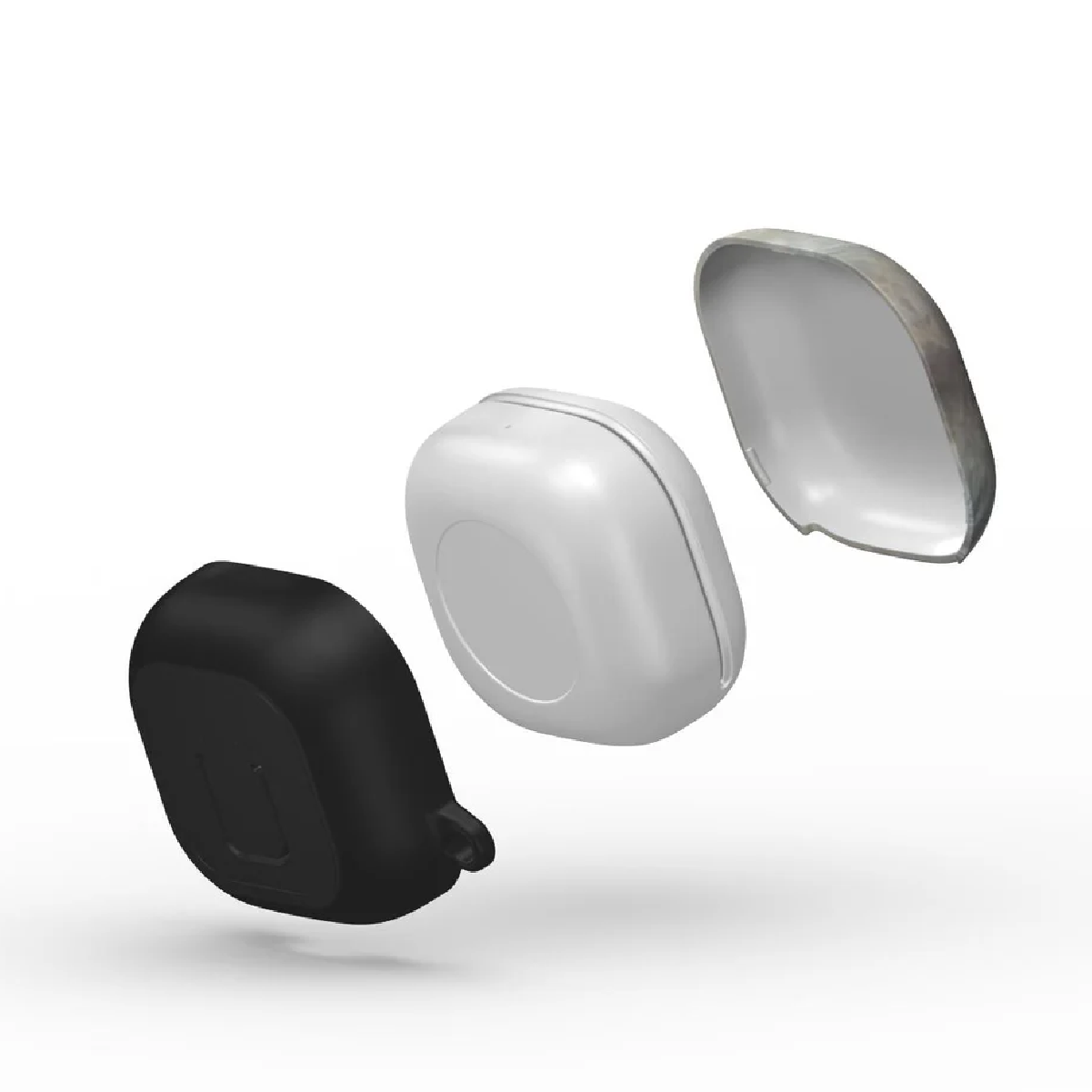 Tre custodie per auricolari: base nera, parte centrale bianca e parte superiore aperta con texture grigia. Fluttuanti su sfondo bianco, suggerendo rendering 3D.
