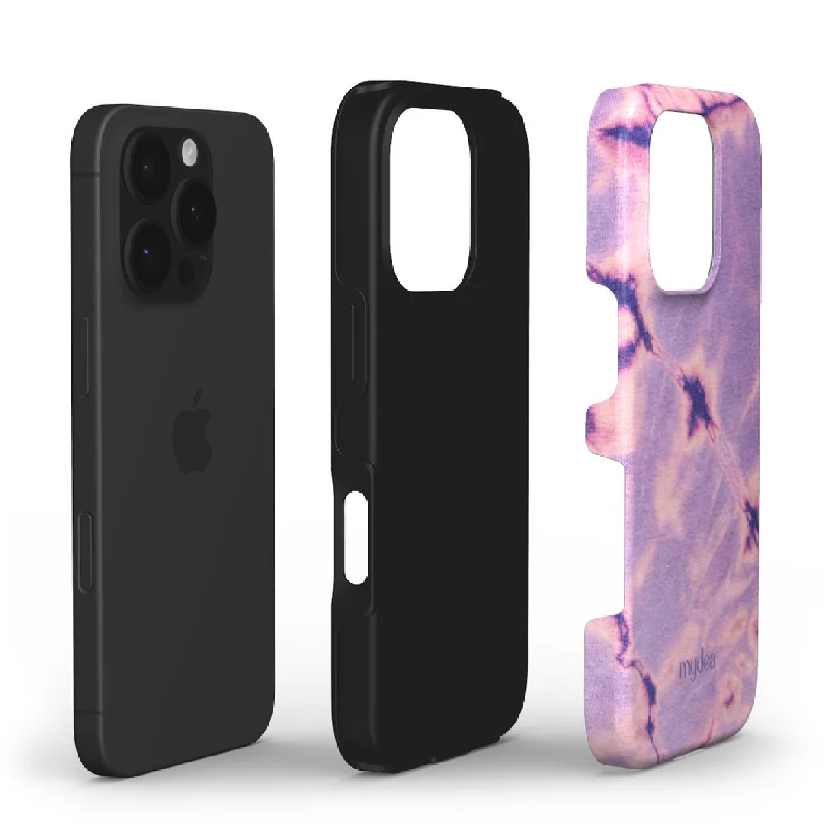 Tre custodie per telefono. Telefono nero con logo Apple e due custodie, una nera e una viola tie-dye.