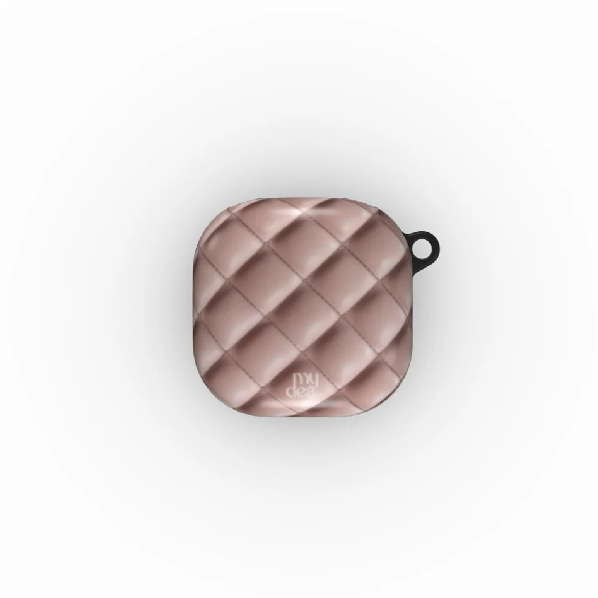 Custodia per auricolari trapuntata color oro rosa con anello nero su sfondo bianco. Visibile il marchio "my dea".