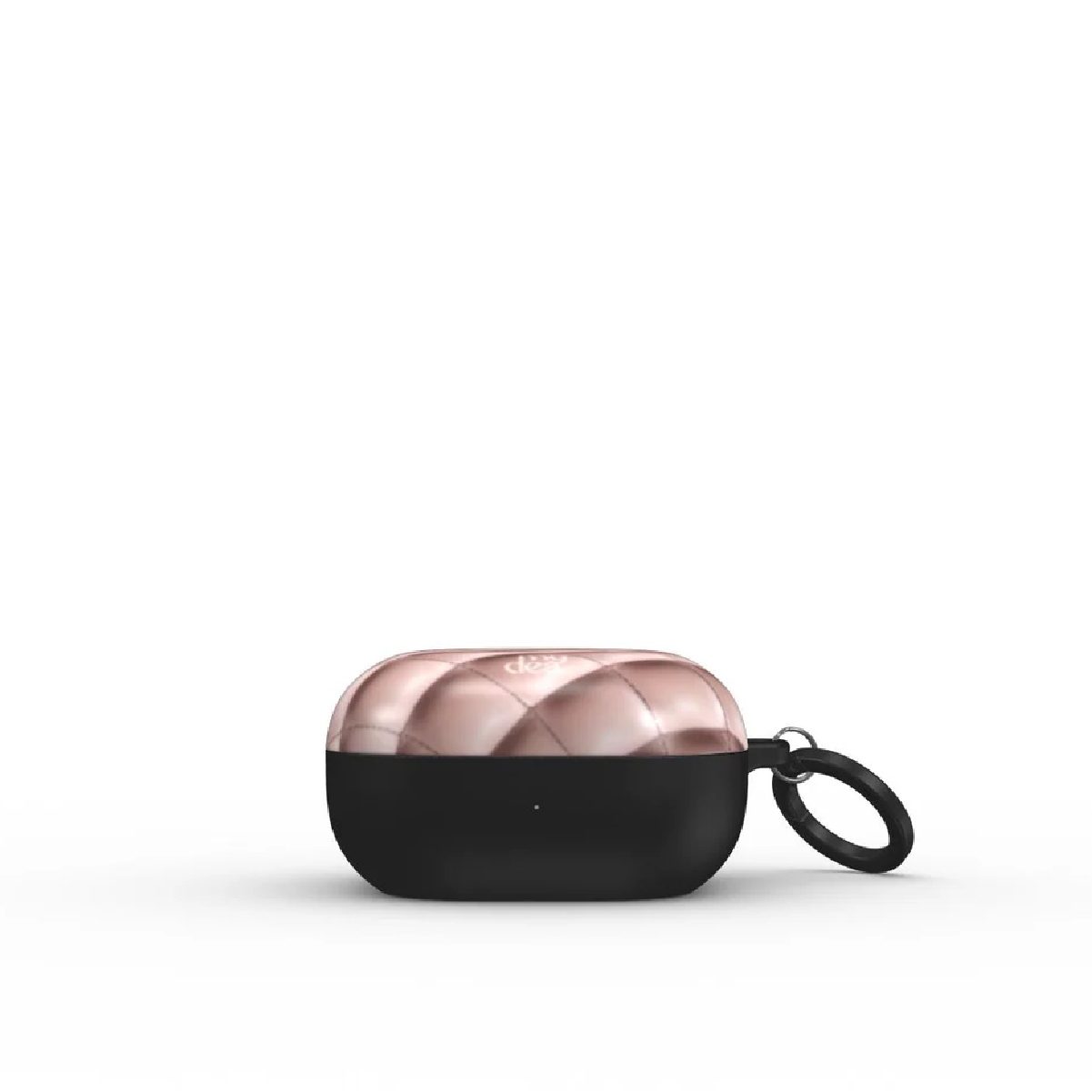 Una custodia per auricolari nera e oro rosa. La parte superiore è trapuntata oro rosa, la parte inferiore nera e ha un anello nero.