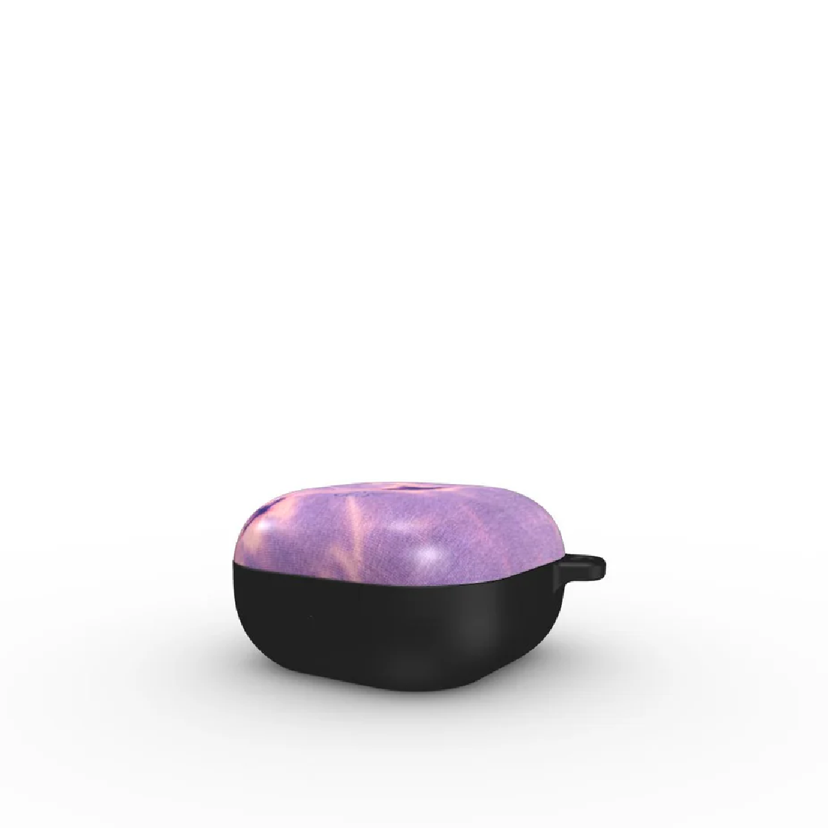 Un oggetto nero e arrotondato con una parte superiore viola chiaro e strutturata. La parte superiore ha un effetto marmorizzato. Sfondo bianco.