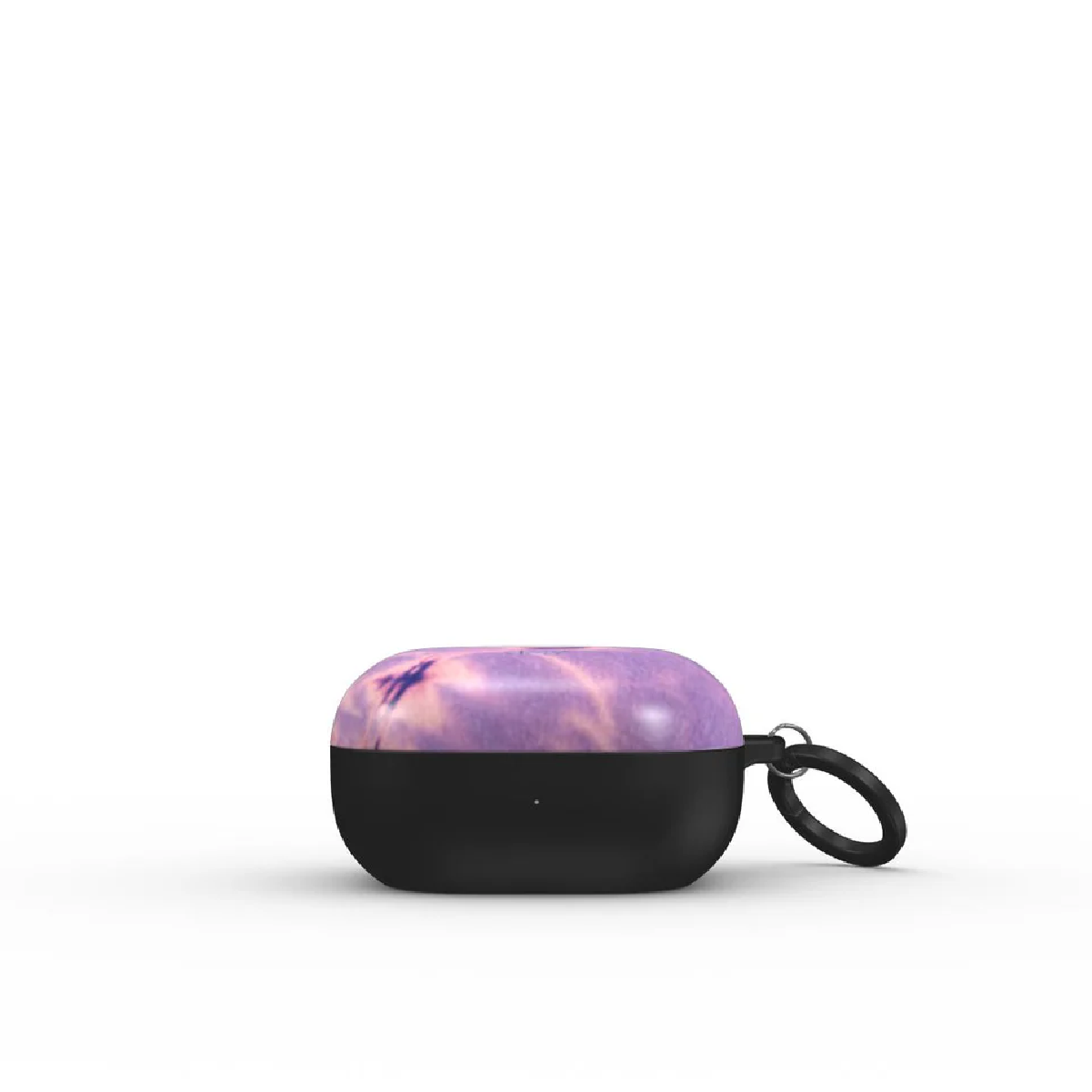 Custodia per auricolari con design viola e nero, un anello nero e sfondo bianco.