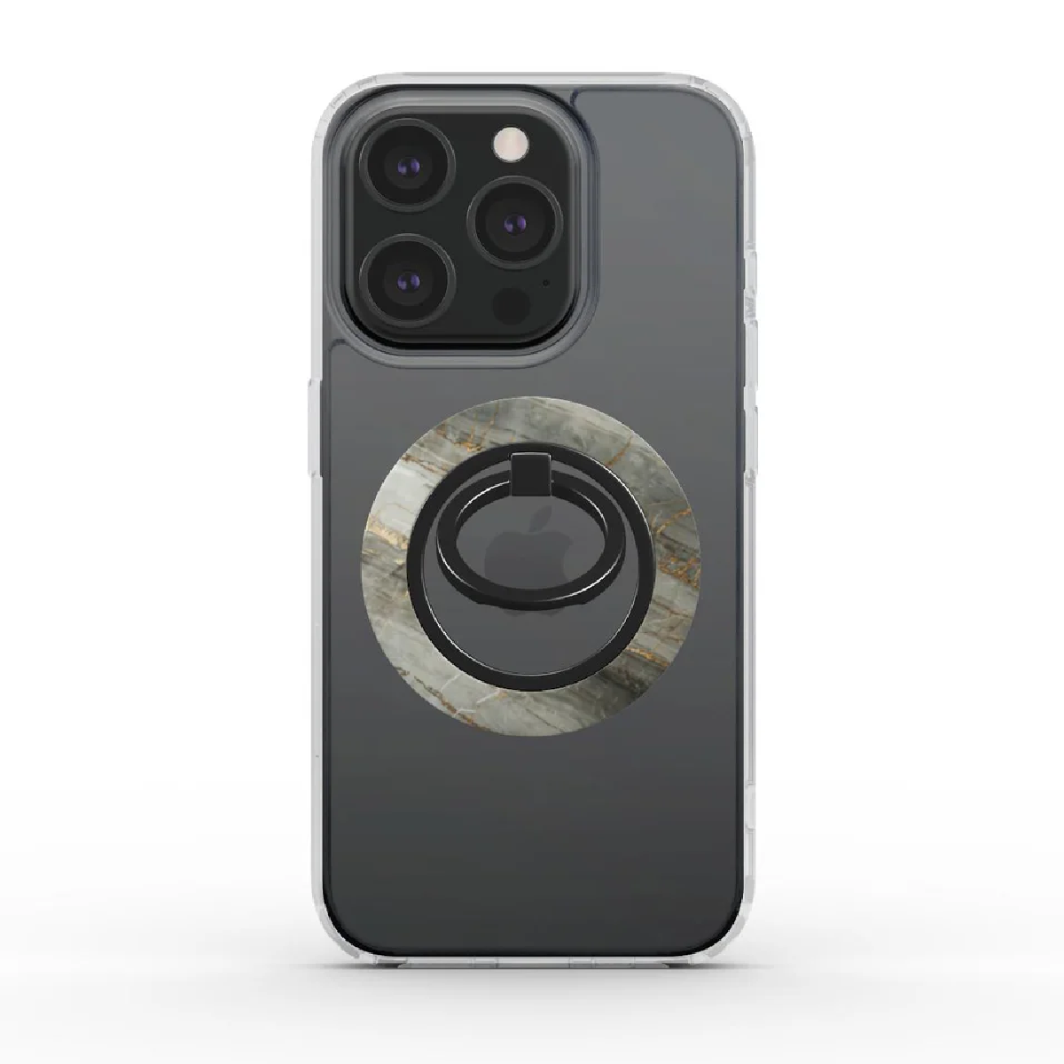 Un iPhone con una custodia trasparente e un supporto ad anello con motivo marmorizzato è mostrato. Il supporto è nero e oro.