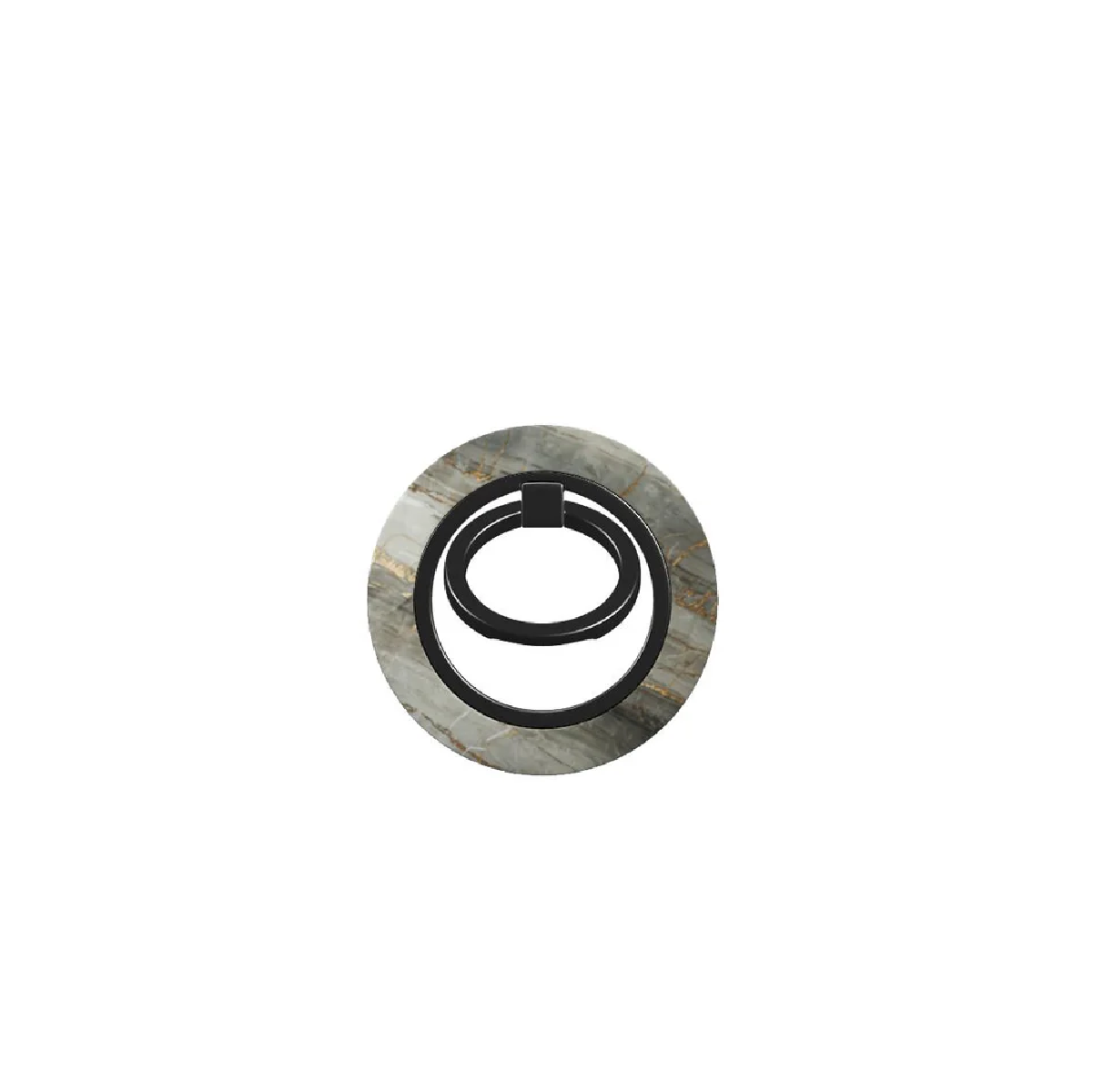 Un oggetto decorativo circolare con un motivo simile al marmo grigio, una maniglia ad anello nera e un anello interno nero più piccolo.