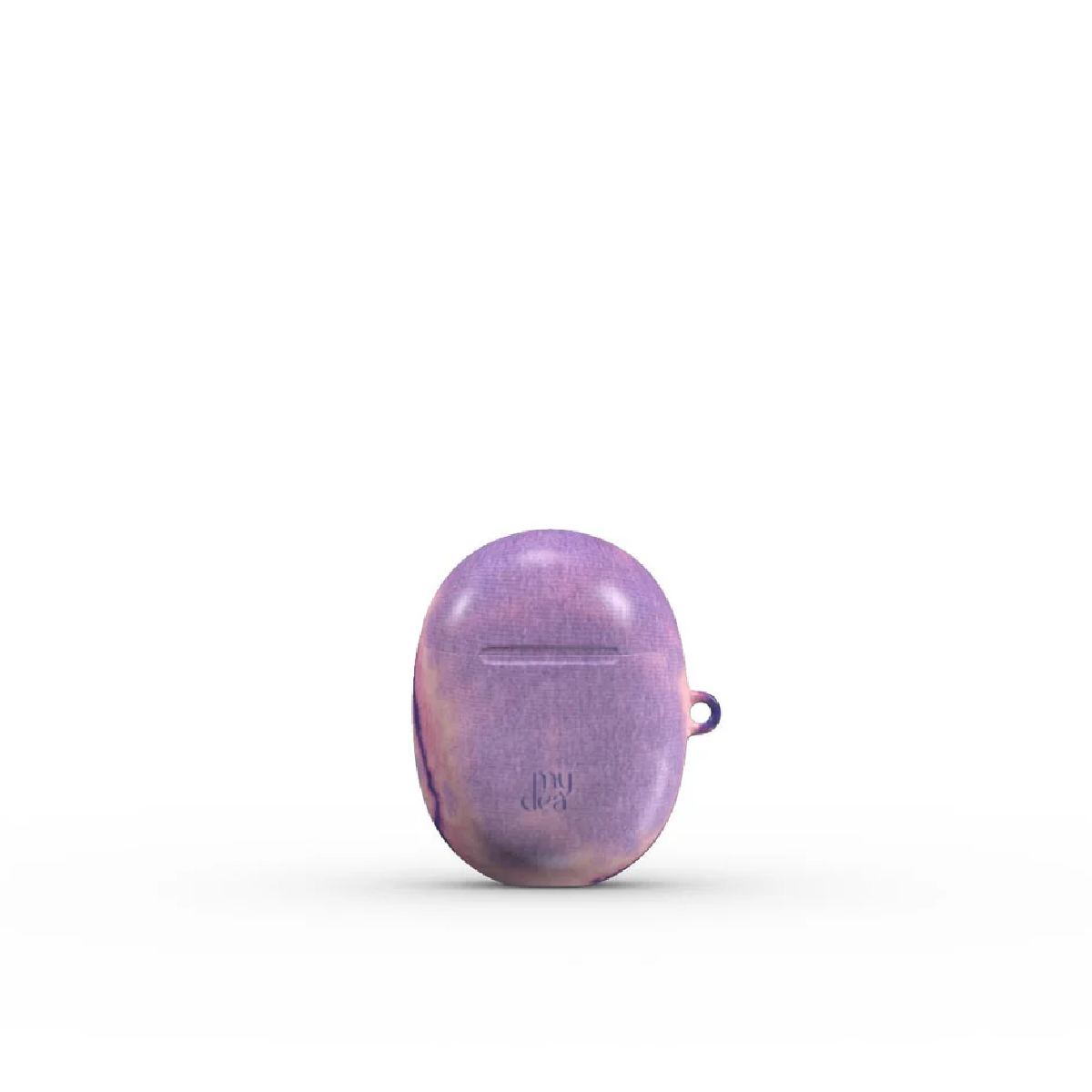 Una custodia per auricolari viola e rosa marmorizzata con un piccolo anello è centrata su uno sfondo bianco. Le parole 'my dea' sono in basso.