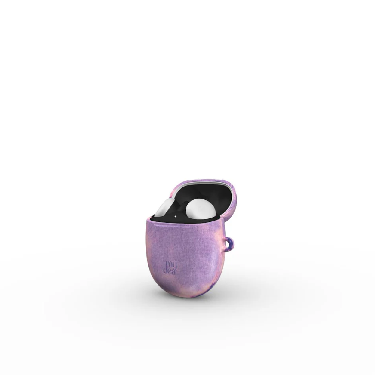Auricolari in un astuccio viola con coperchio aperto. L'astuccio ha una maniglia. Lo sfondo è bianco.