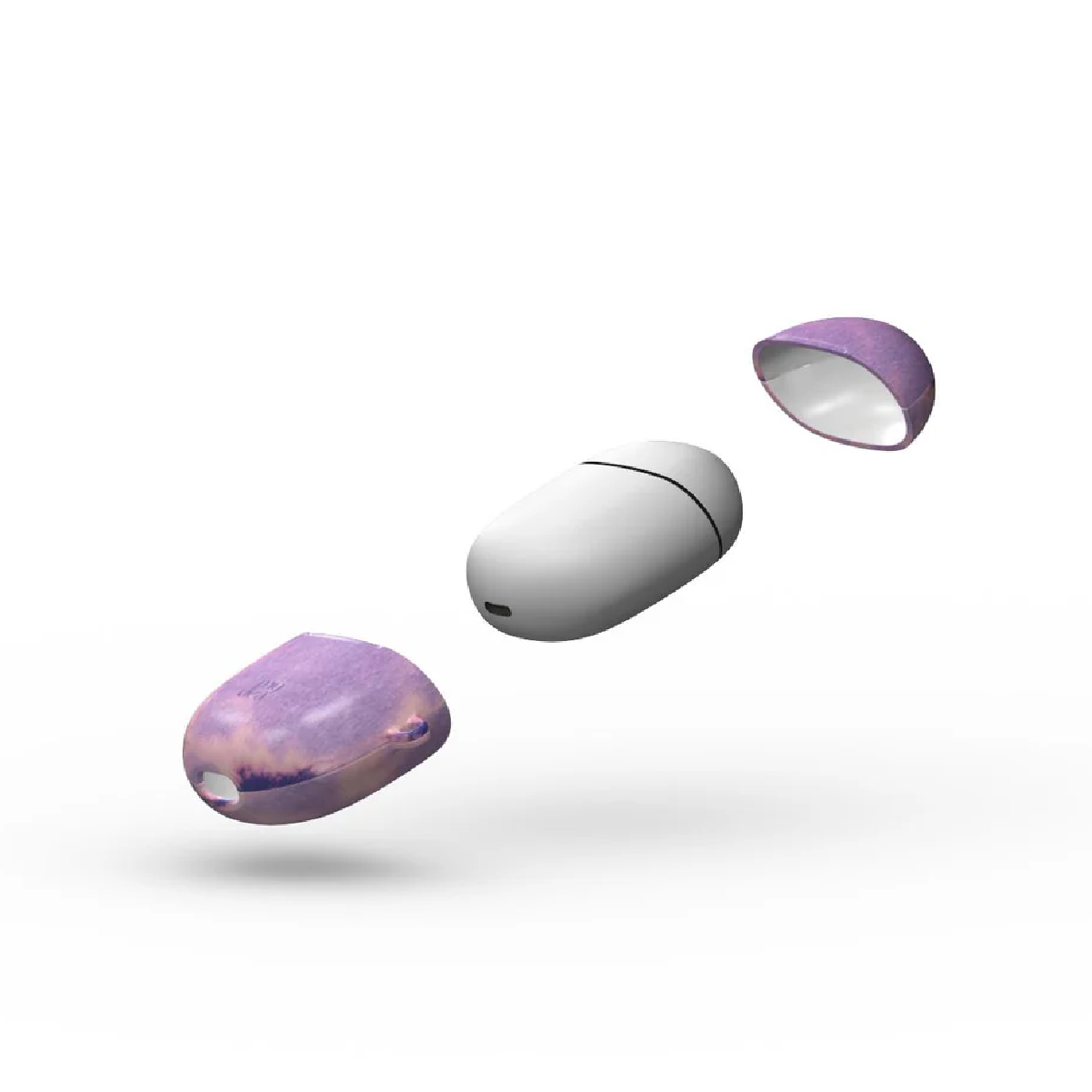 Una custodia per auricolari aperta e levitante. Due metà viola e un auricolare bianco con una linea nera. Sfondo bianco.