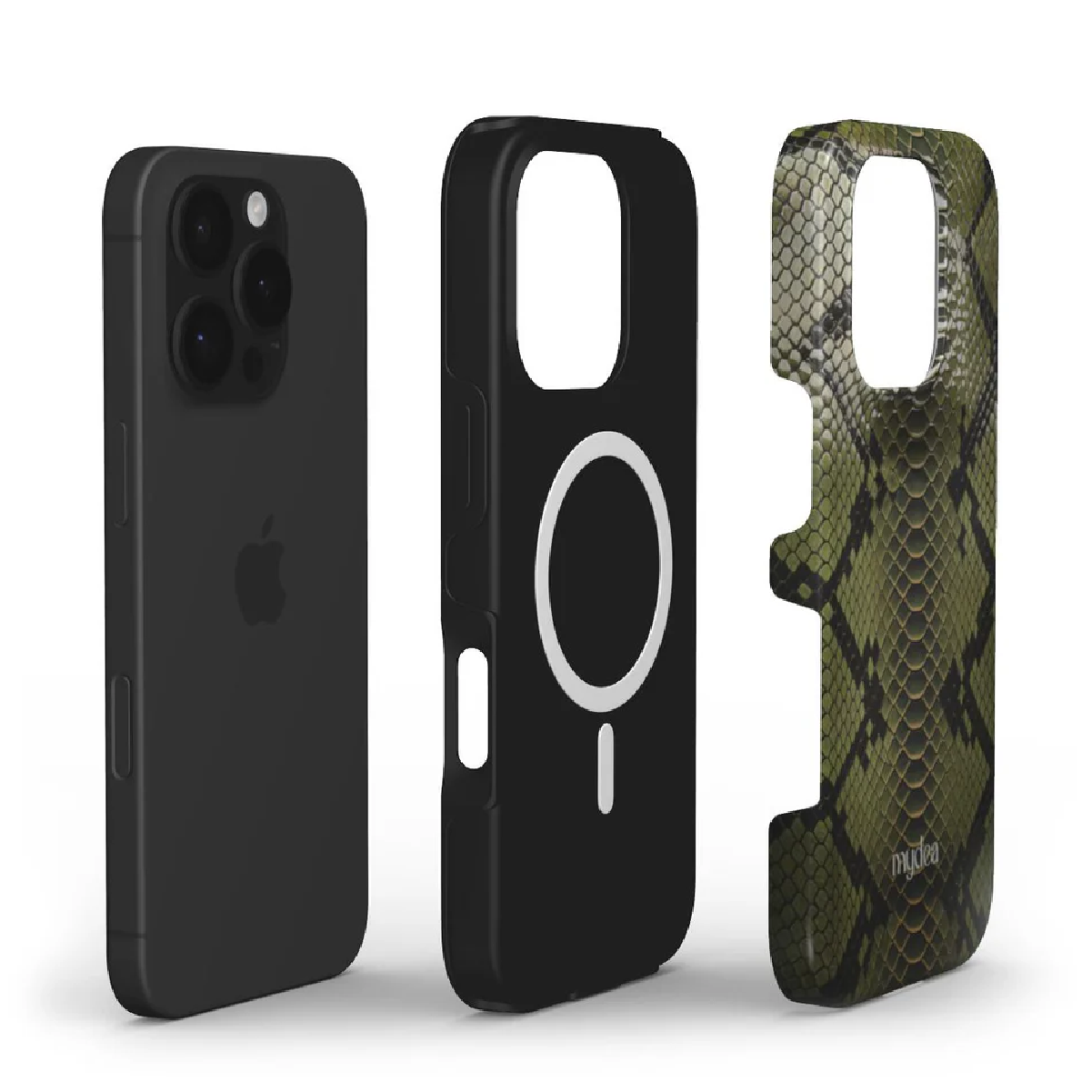 Tre custodie per telefono. Un telefono nero, una custodia nera con un anello bianco e una custodia con motivo a pelle di serpente verde.
