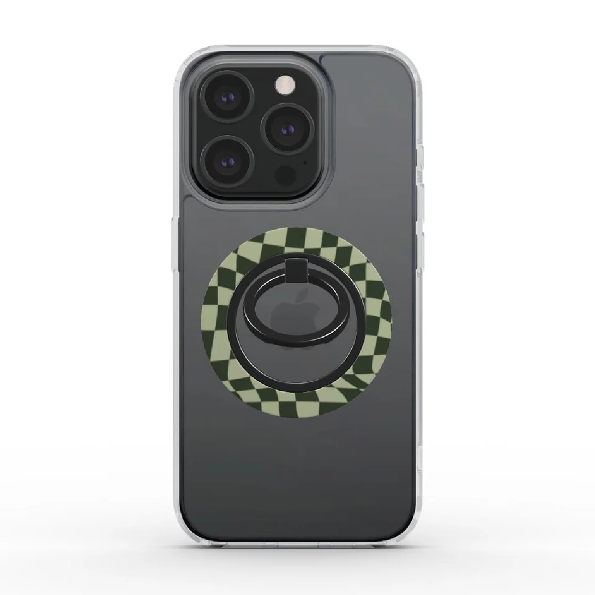 Un iPhone con un supporto ad anello. Il supporto ad anello ha un motivo a scacchi verde e bianco. Il telefono è in una custodia trasparente.