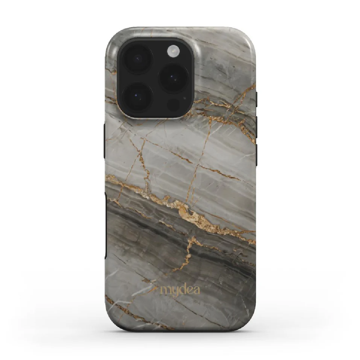 Una custodia per smartphone con design marmoreo grigio e oro. La custodia ha un rigonfiamento per la fotocamera. Il marchio 'mydea' è stampato in basso.
