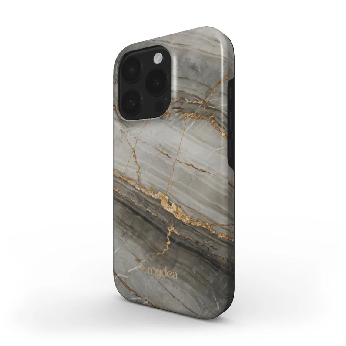 Una custodia per telefono con motivo marmoreo e venature dorate. La custodia ha un ritaglio per la fotocamera con lenti nere e un marchio.