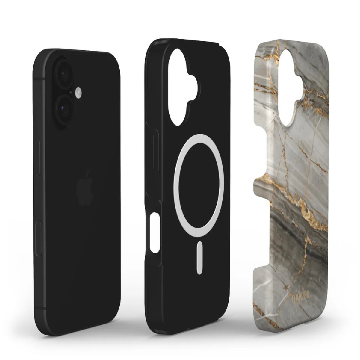 Un iPhone e due custodie. Una nera, una con un design marmorizzato. Il telefono è nero. Le custodie sono per il telefono.