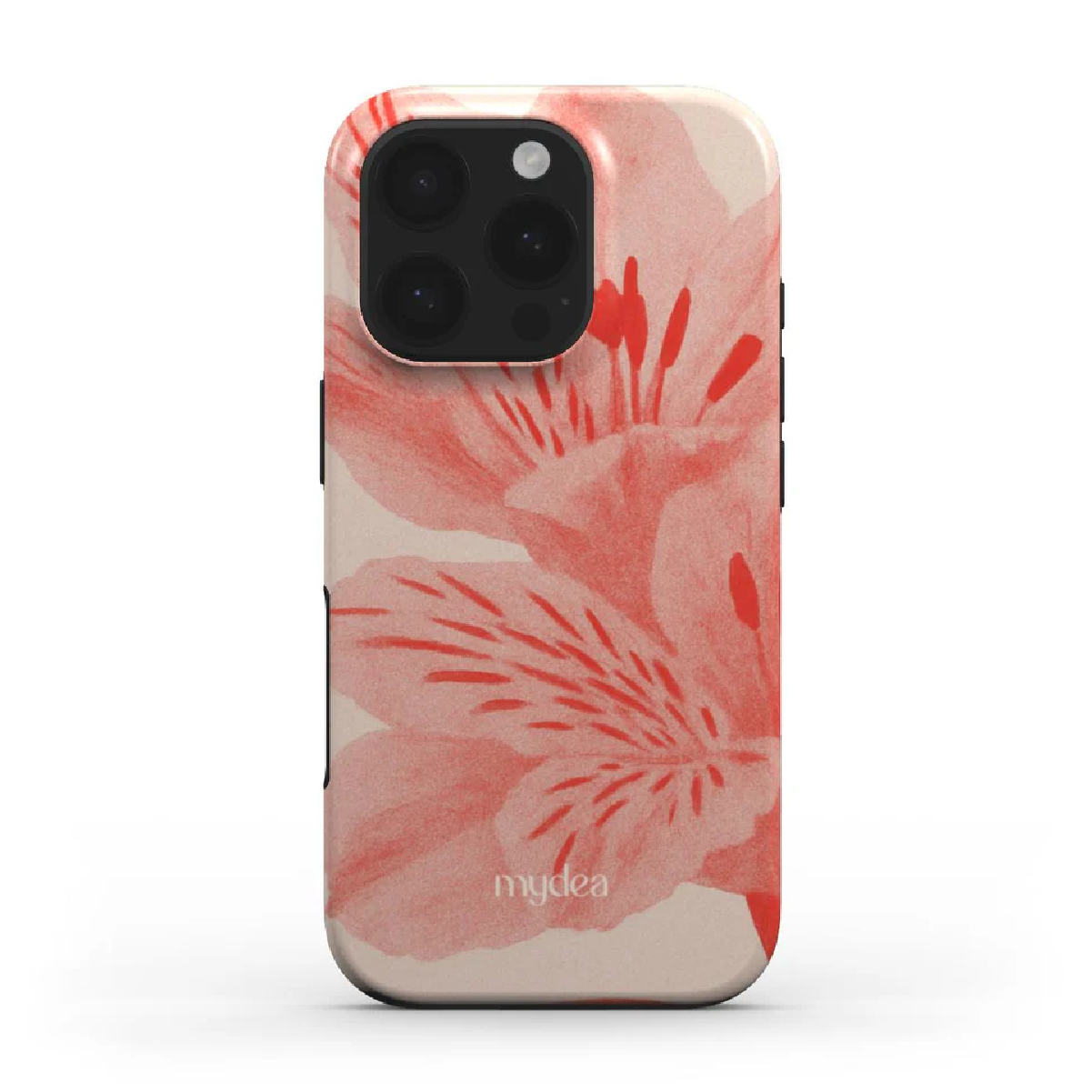 Una custodia per telefono con un design floreale. La custodia è beige chiaro con una grande stampa floreale rosa. Il telefono ha tre fotocamere.