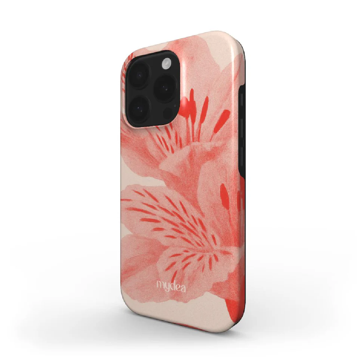 Una custodia per telefono con un design floreale rosa. La custodia ha il marchio 'mydea' e lenti della fotocamera. Lo sfondo è bianco.