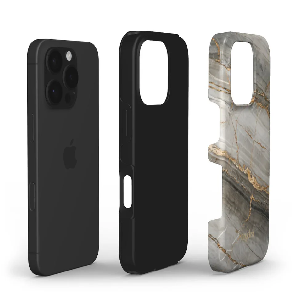 Tre custodie per telefono: nere, nere e con design marmorizzato. Una mostra un telefono Apple. Le custodie sono separate.