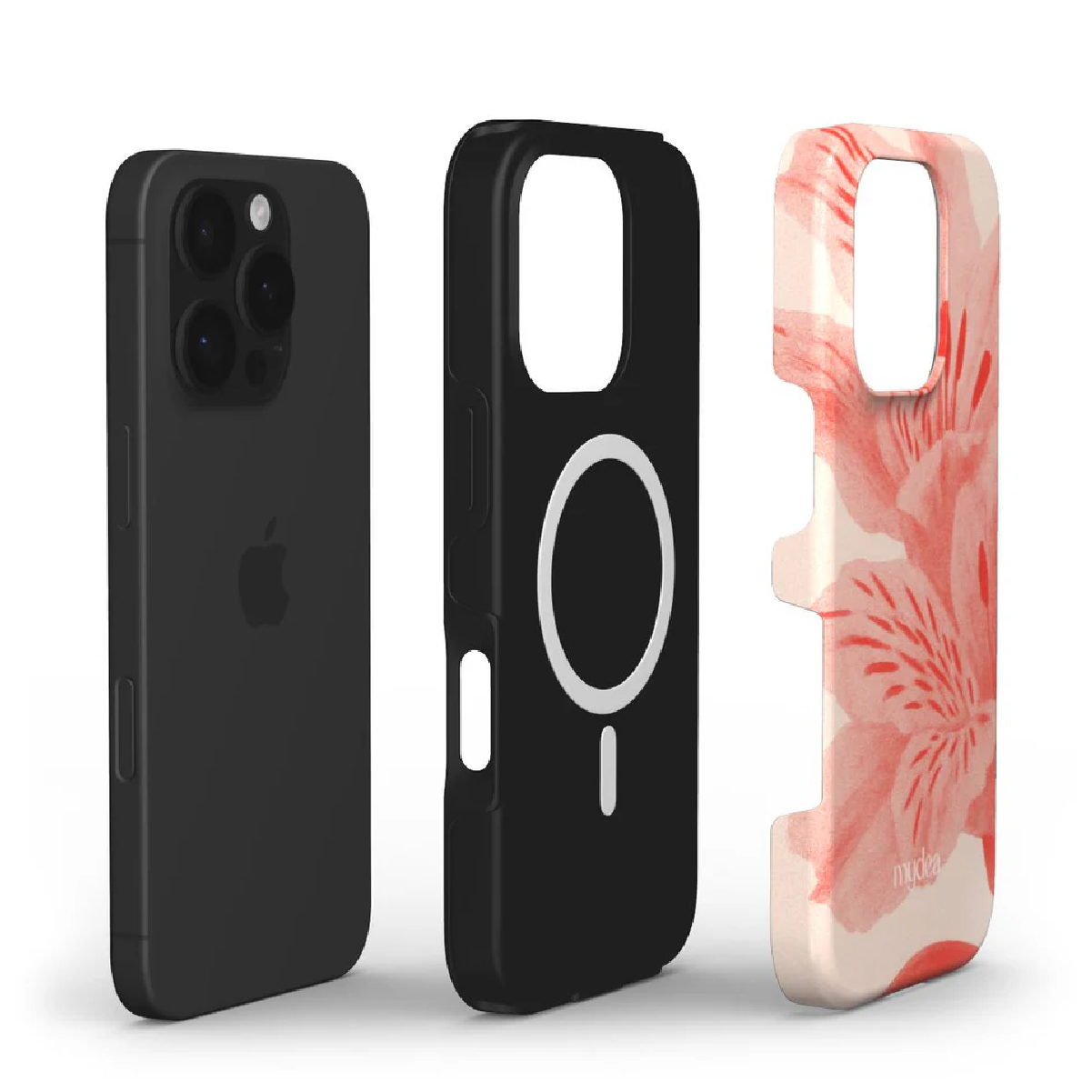Tre custodie per telefono: telefono nero, custodia nera con cerchio bianco e custodia con motivo floreale. Tutte per iPhone.