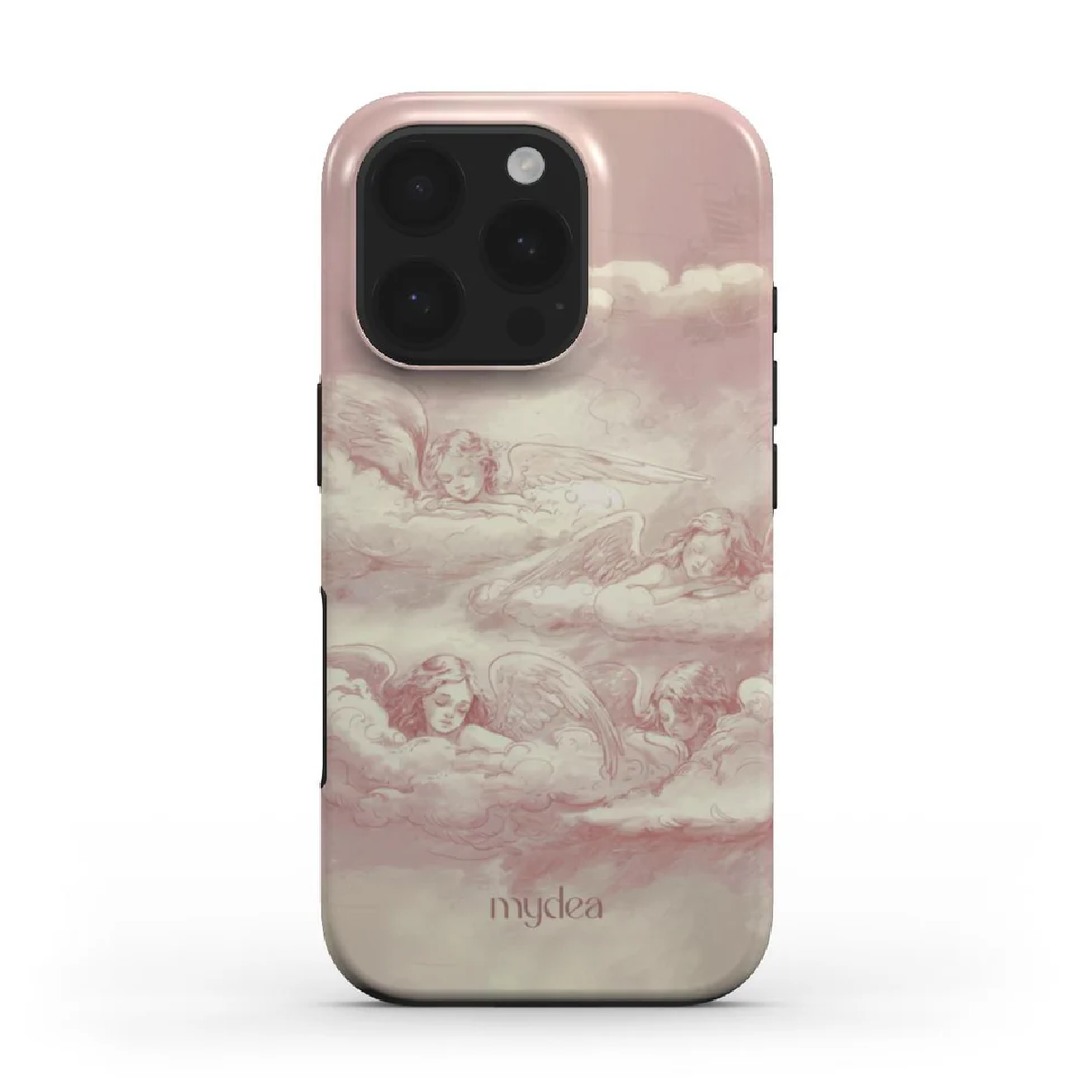Una custodia per telefono con un design che raffigura cherubini tra le nuvole in tonalità rosa e crema. La custodia ha un design elegante.