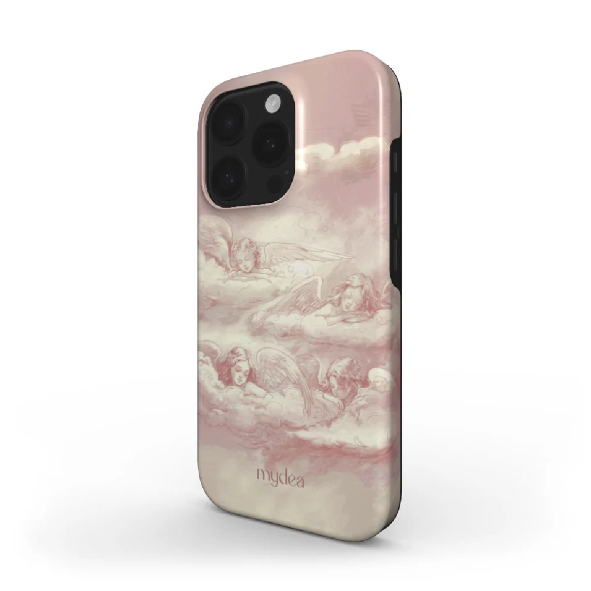 Custodia per telefono con un design a tema angeli. Gli angeli sono raffigurati mentre riposano sulle nuvole, in una combinazione di colori rosa pallido e bianco.