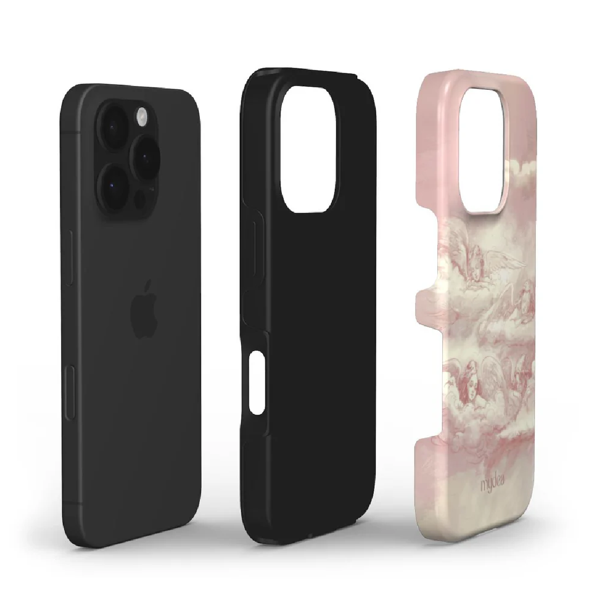 Tre custodie per iPhone: telefono nero, custodia nera, custodia rosa con arte angelica.