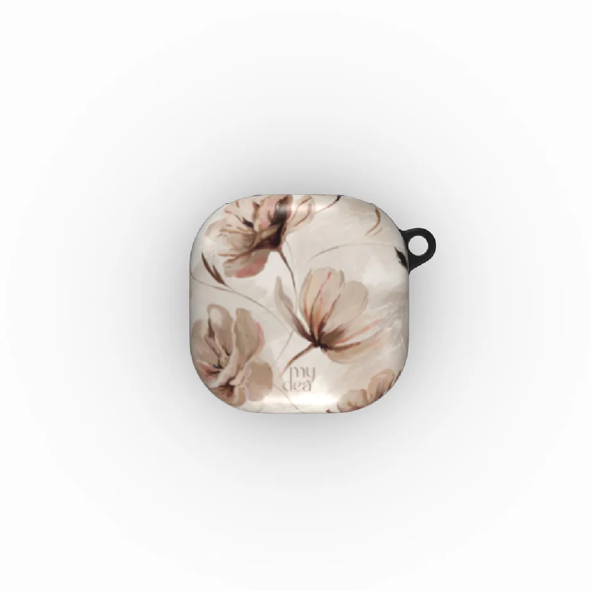 Una custodia per auricolari con un design floreale nei toni del beige e del marrone. Ha un anello nero sopra e lo sfondo è bianco.