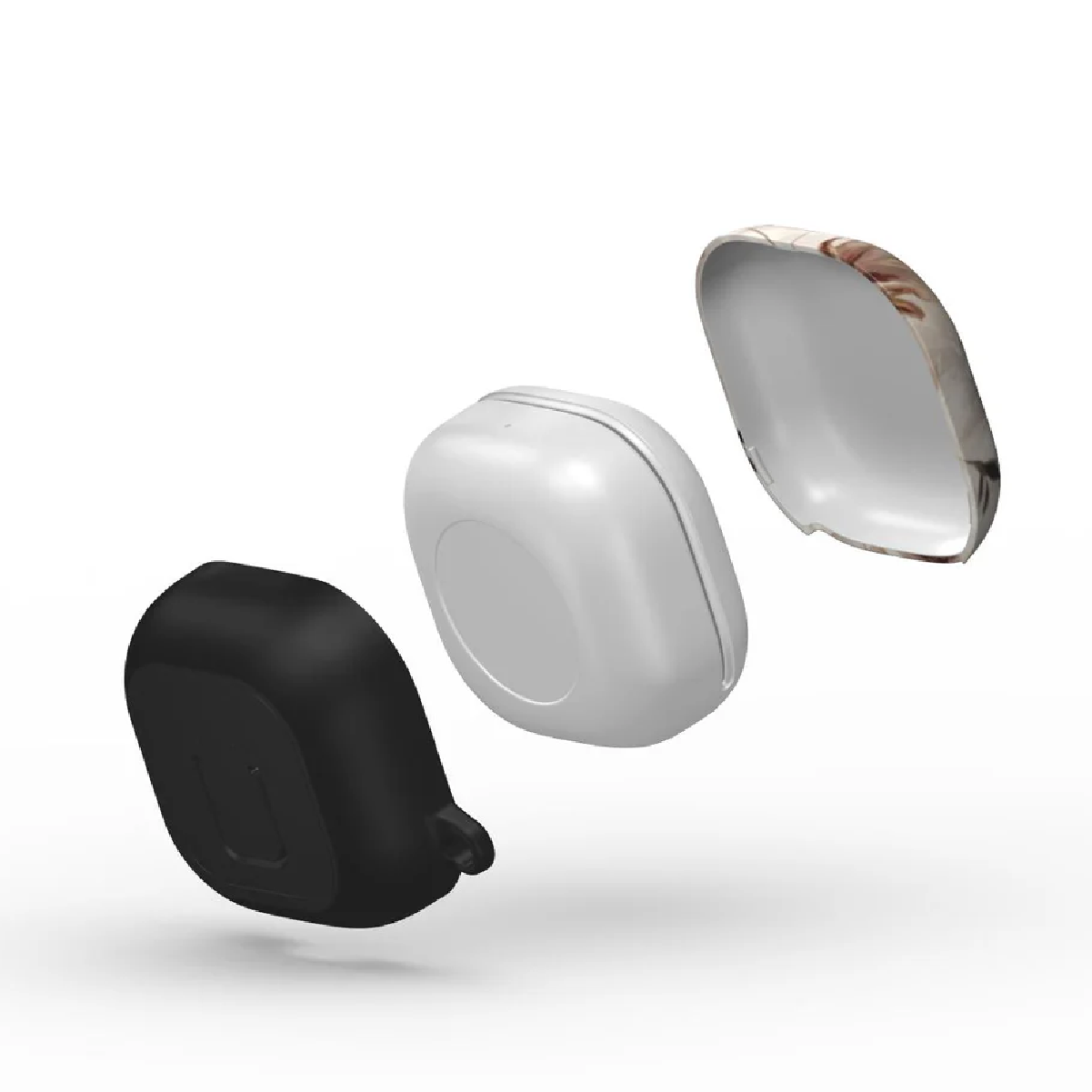 Tre pezzi di una custodia per auricolari bianca e nera sono esposti con il coperchio superiore aperto. Lo sfondo è bianco.
