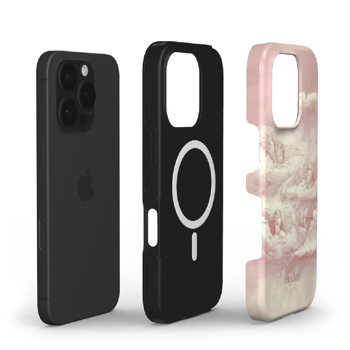 Tre custodie per iPhone: nera, nera con cerchio bianco e rosa con design a angelo. Tutte per modelli iPhone.
