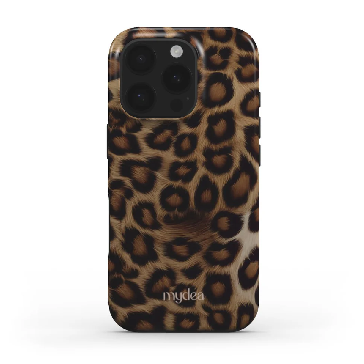 Una custodia per telefono con stampa leopardata e fotocamera. La custodia è marrone e nera con finitura lucida e il marchio 'mydea'.
