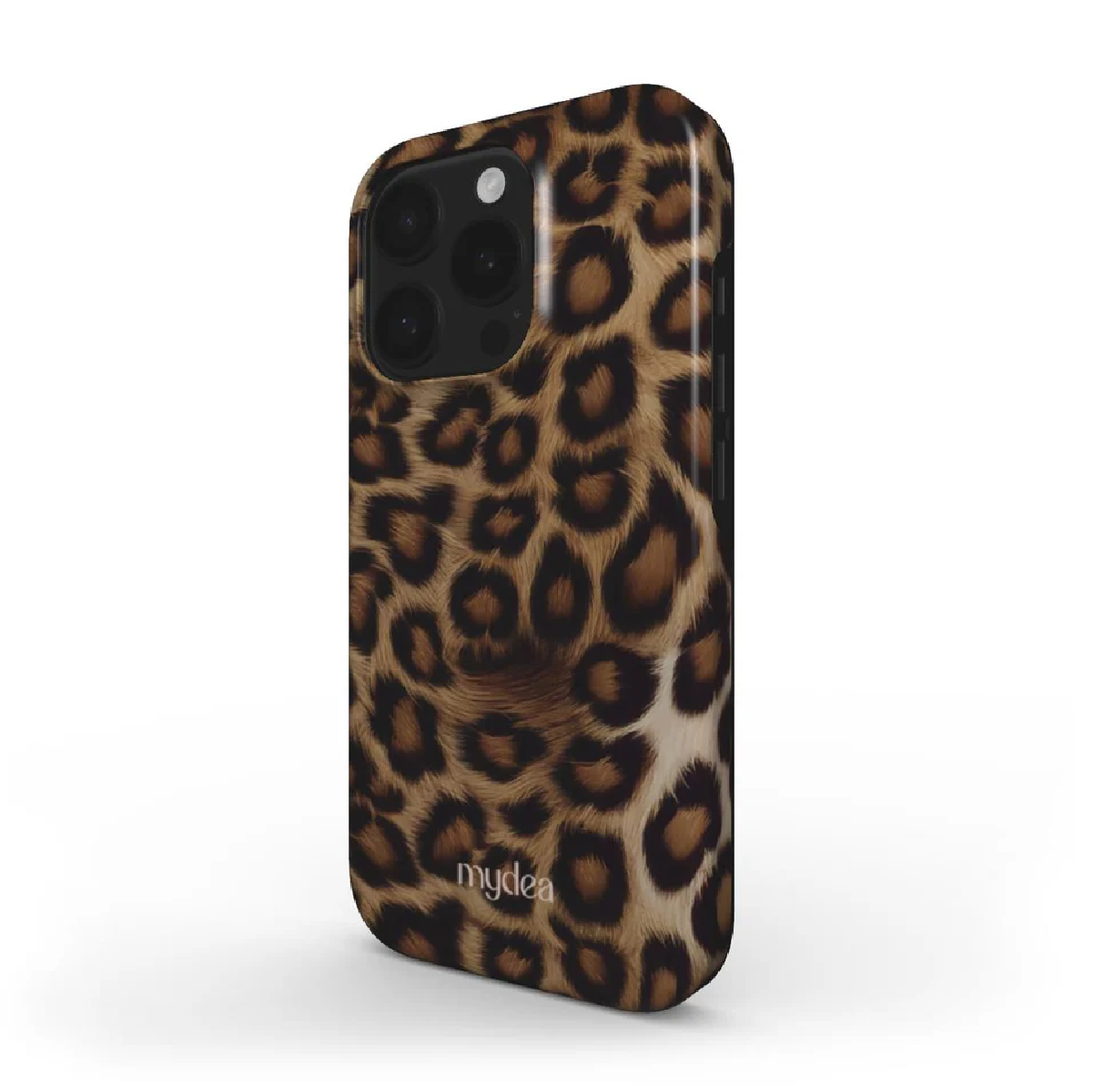 Custodia per telefono con stampa leopardata. Macchie marroni su sfondo beige. La custodia ha una fotocamera e il marchio 'mydea'.
