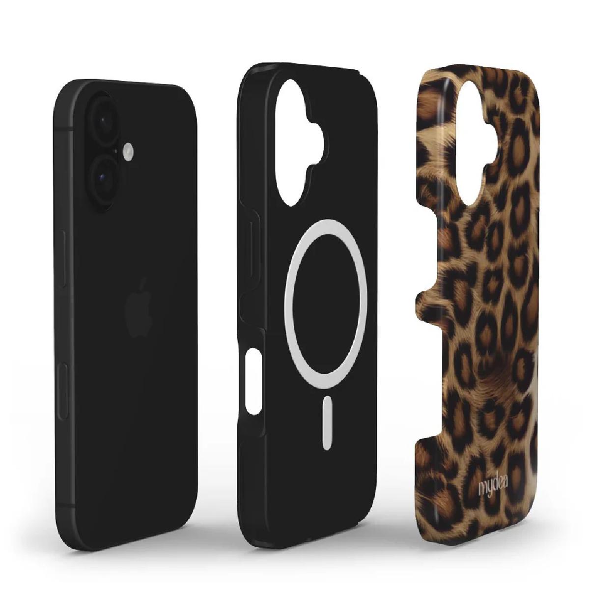 Un iPhone nero accanto a due custodie: una nera con un cerchio bianco e una con stampa leopardata.