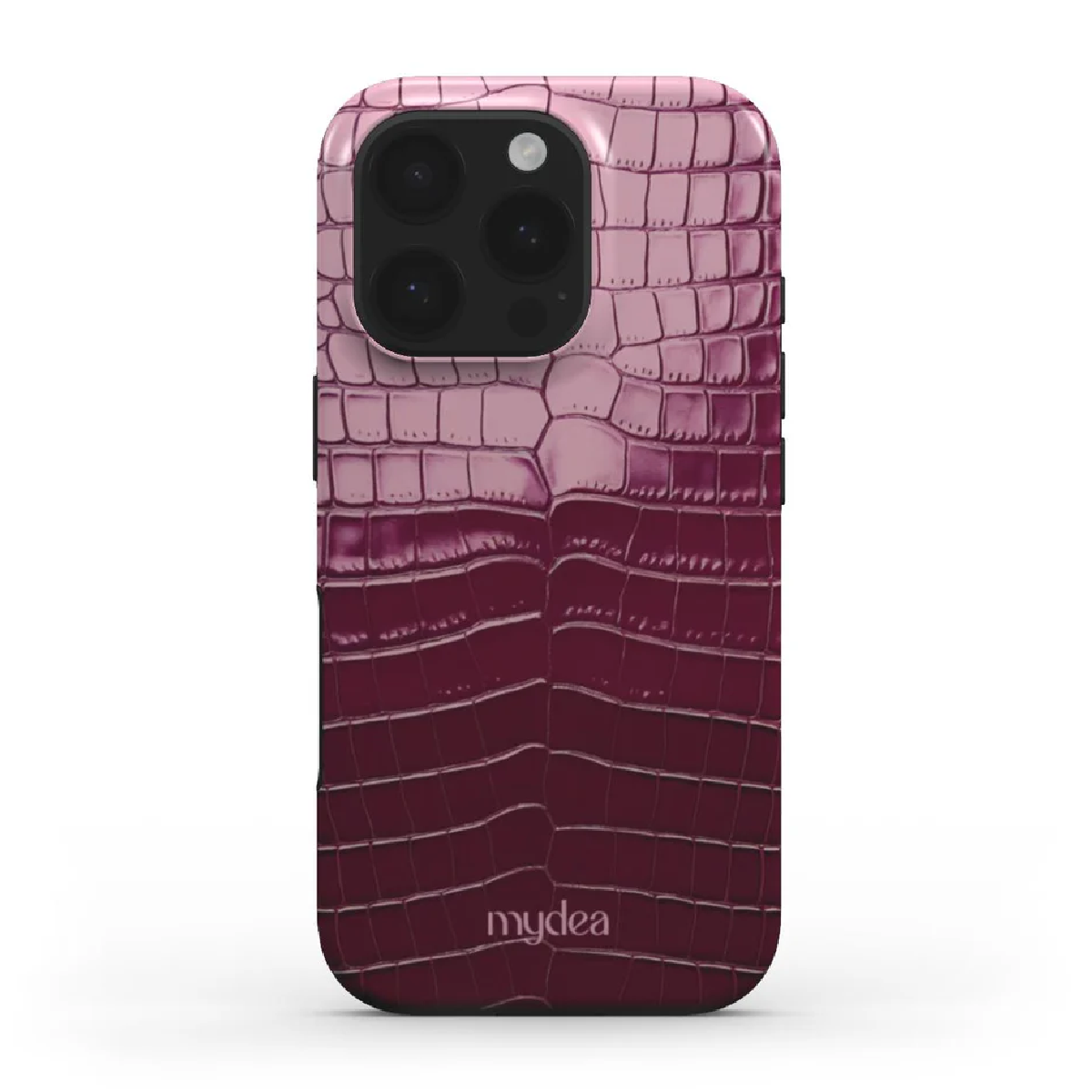 Una custodia per smartphone con un motivo a pelle di coccodrillo sfumato, che va dal rosa chiaro al bordeaux scuro. Presenta un modulo fotocamera e il logo 'mydea'.