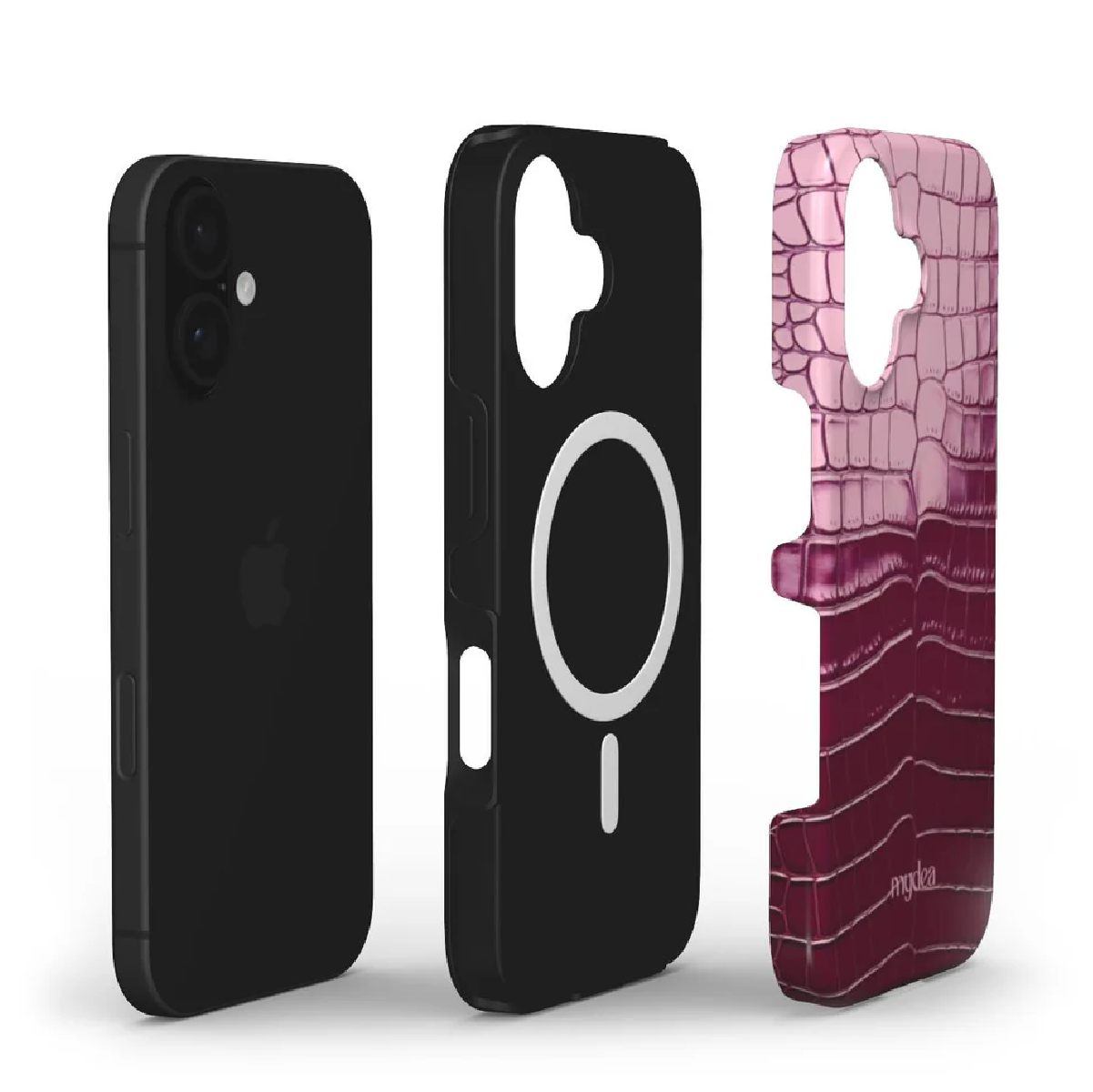 Un iPhone e due custodie per telefoni. Una è nera, l'altra in stile pelle di coccodrillo rosa e bordeaux. La terza è nera.