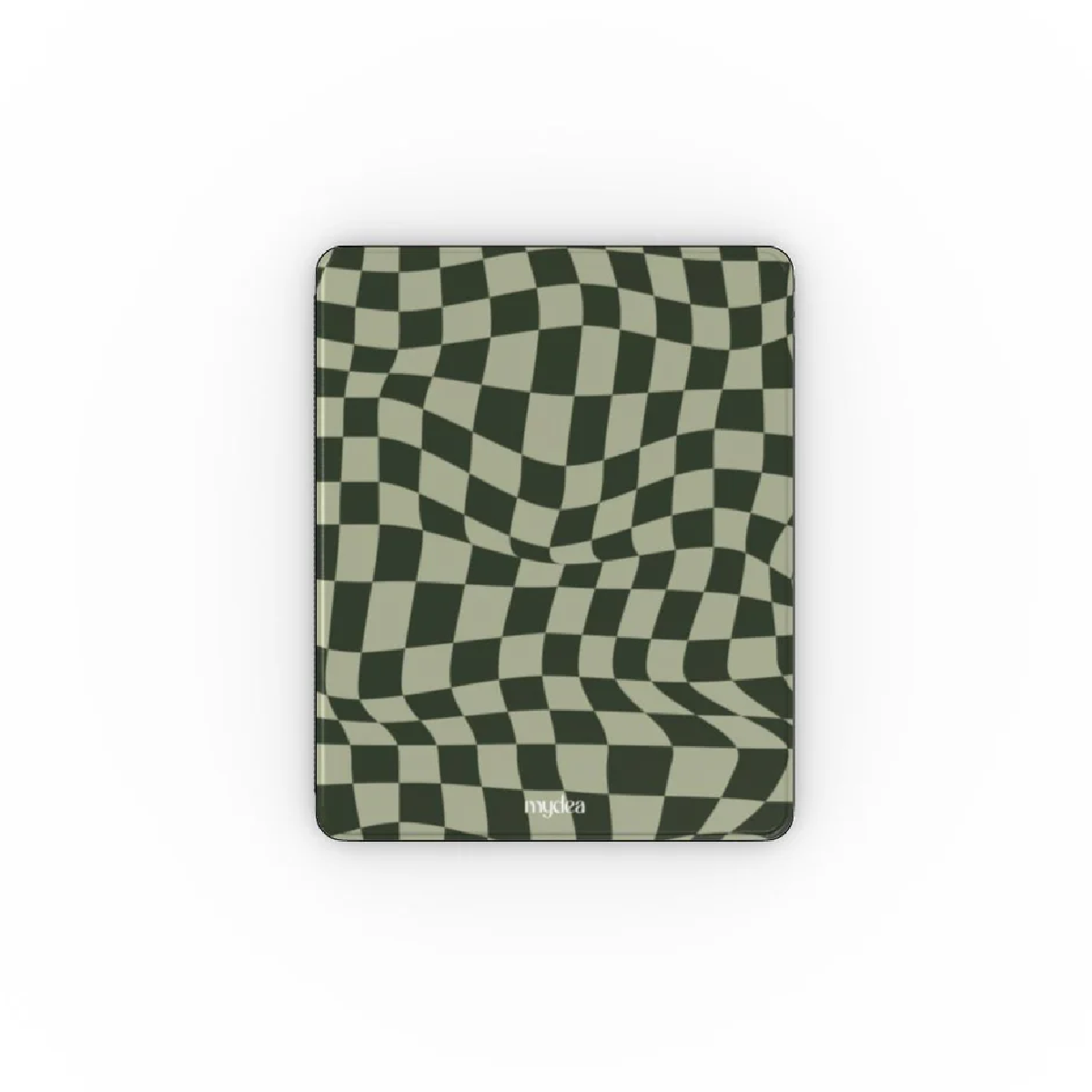 Un oggetto rettangolare con un motivo a scacchiera ondulato in verde e beige. Lo sfondo è bianco e c'è il logo 'mydea'.
