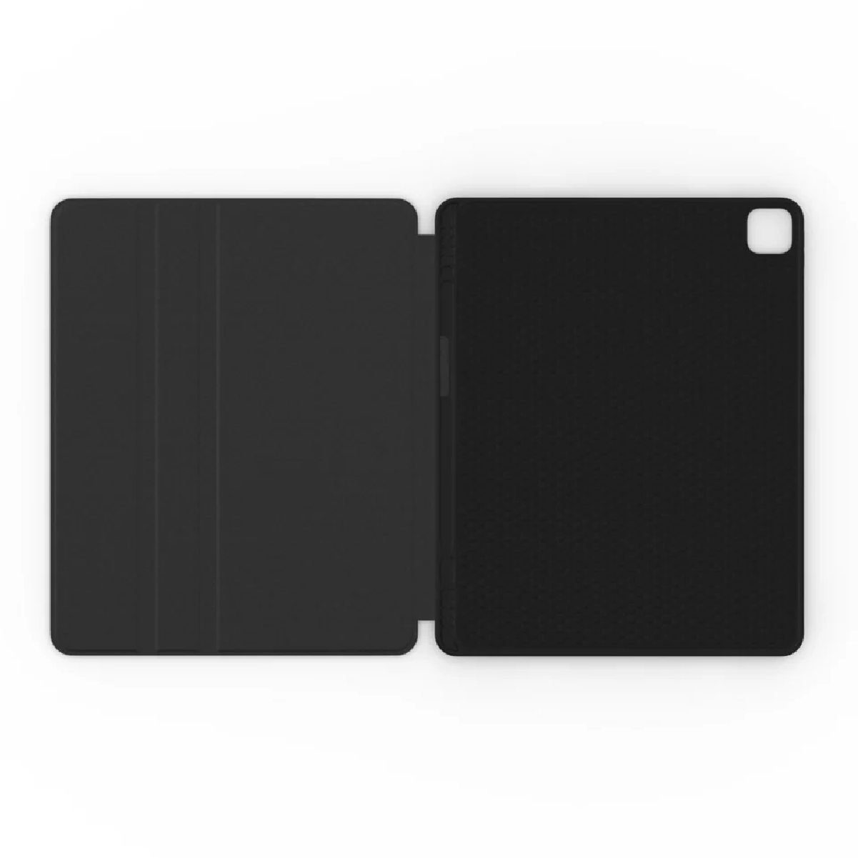 Una custodia per tablet nera, aperta, con la parte anteriore a sinistra e la sezione tablet a destra, il tutto su sfondo bianco.