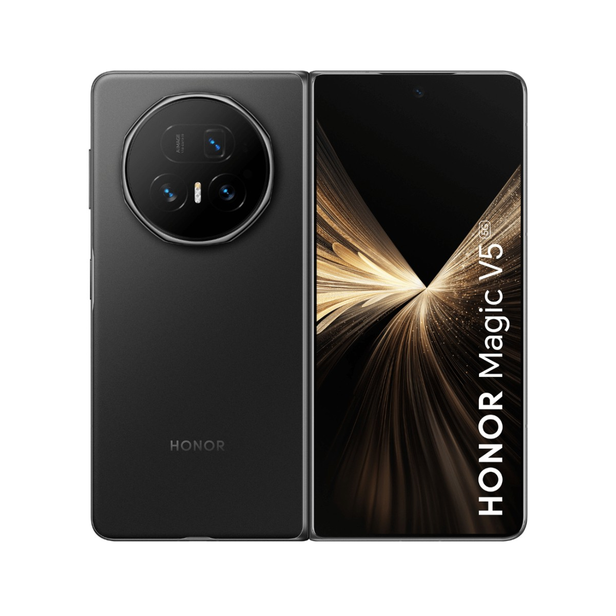 Schwarzes HONOR Magic V5 5G Falt-Handy, offen. Zeigt die Rückseite mit Kamera und HONOR-Logo sowie den offenen Bildschirm mit goldenem Design.