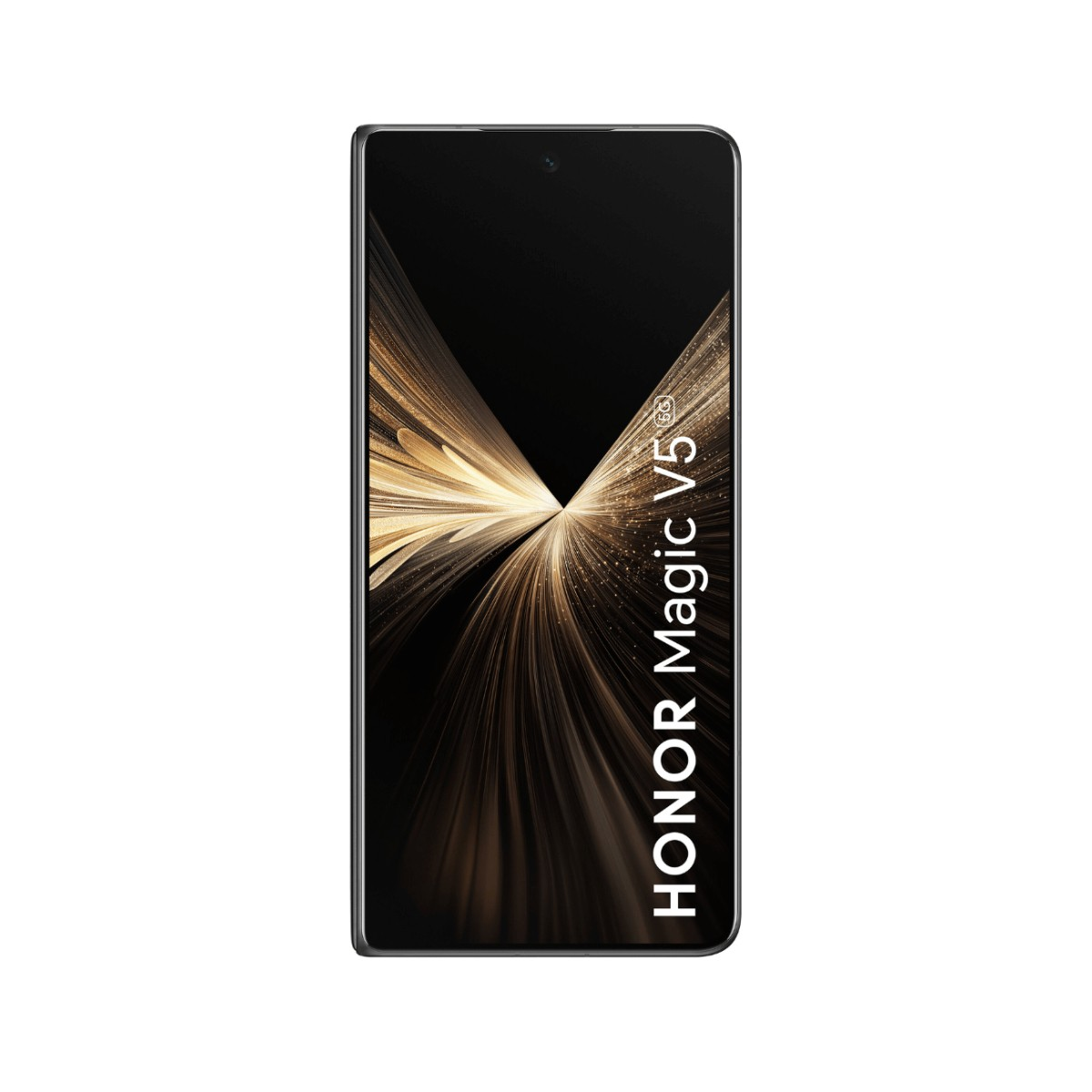 Ein Smartphone mit schwarzem Bildschirm, das ein gold-schwarzes abstraktes Muster zeigt. Das Telefon trägt die Aufschrift 'HONOR Magic V5'.