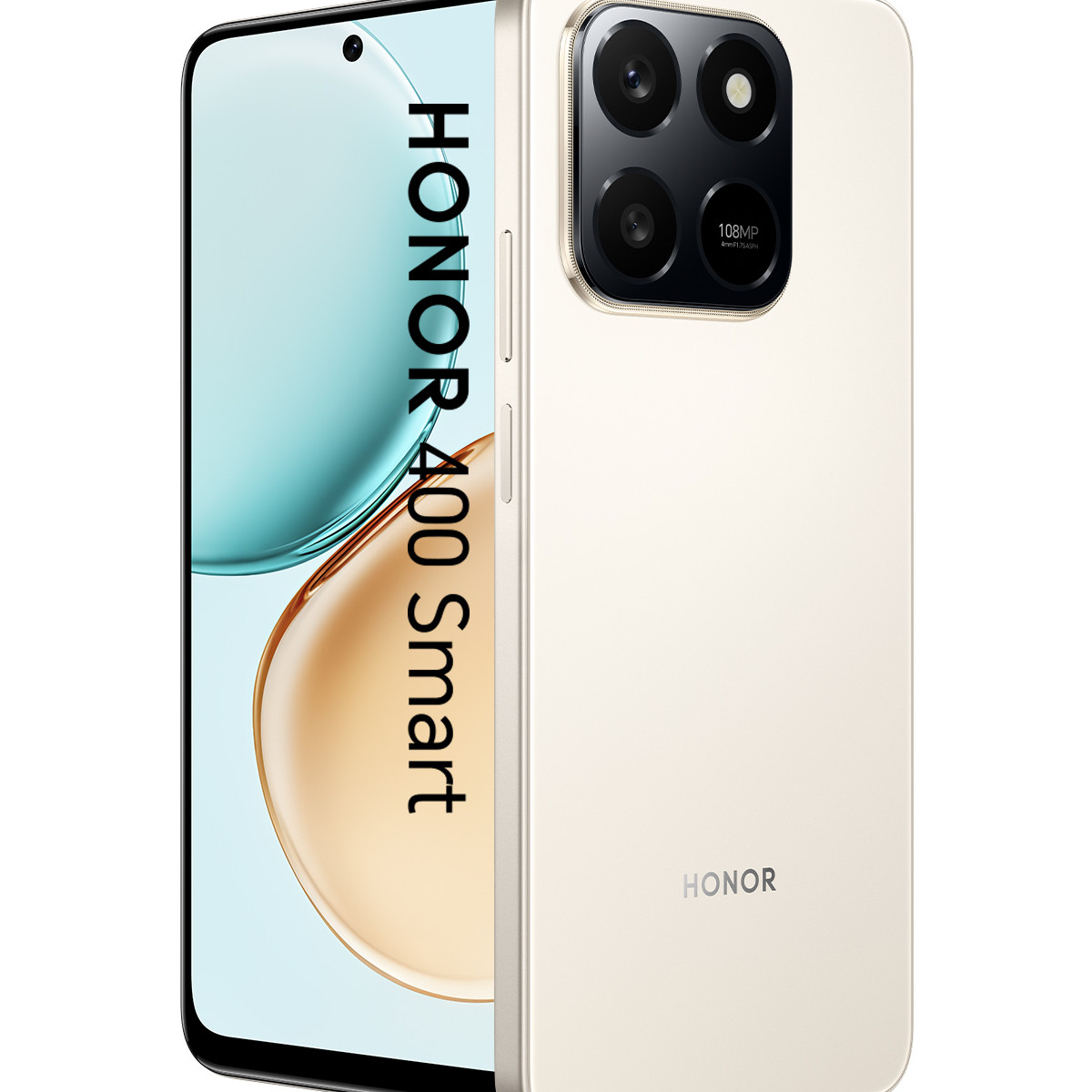Ein Smartphone mit cremefarbenem Rücken und Bildschirm. Der Bildschirm zeigt einen Farbverlauf. Das Telefon hat vier Kameras und das Honor-Logo.