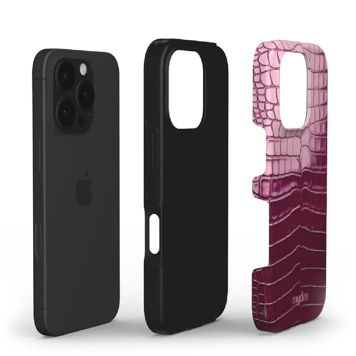 Tre custodie per iPhone: telefono nero, paraurti nero e custodia con stampa coccodrillo rosa. Il telefono ha un logo Apple.