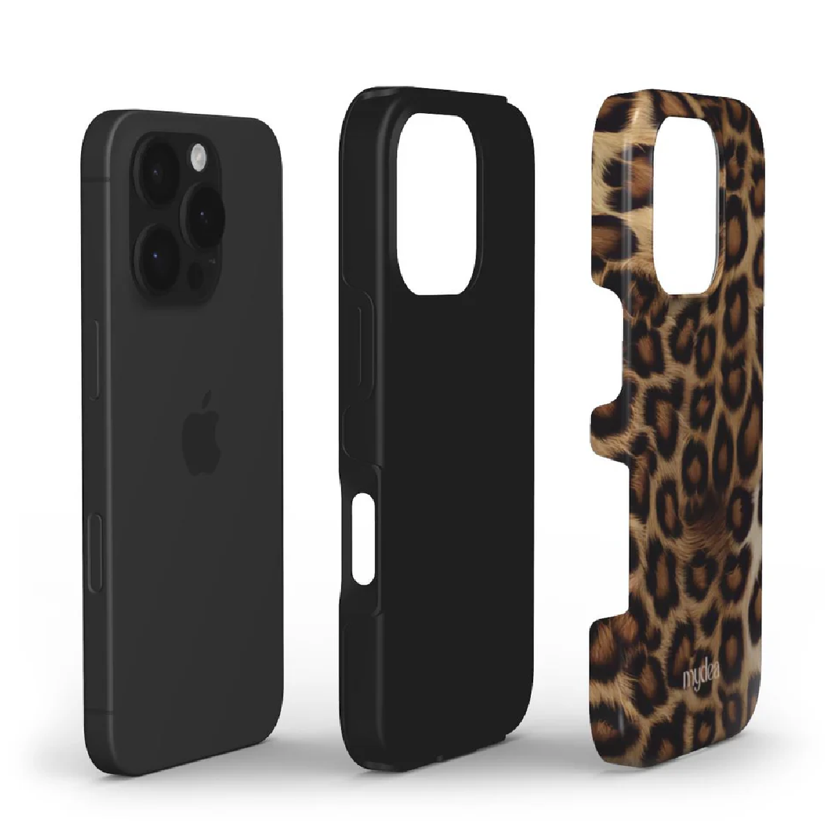 Tre custodie per iPhone: telefono nero, custodia nera e custodia con stampa leopardata, tutte su bianco. La custodia leopardata ha un logo 'mydea'.