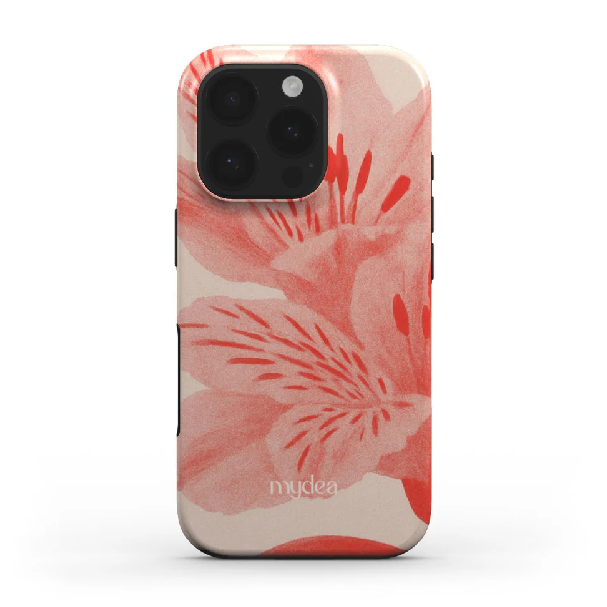 Una custodia per telefono con un design floreale. La custodia è adornata da una stampa floreale rosa e ha un ritaglio per la fotocamera.