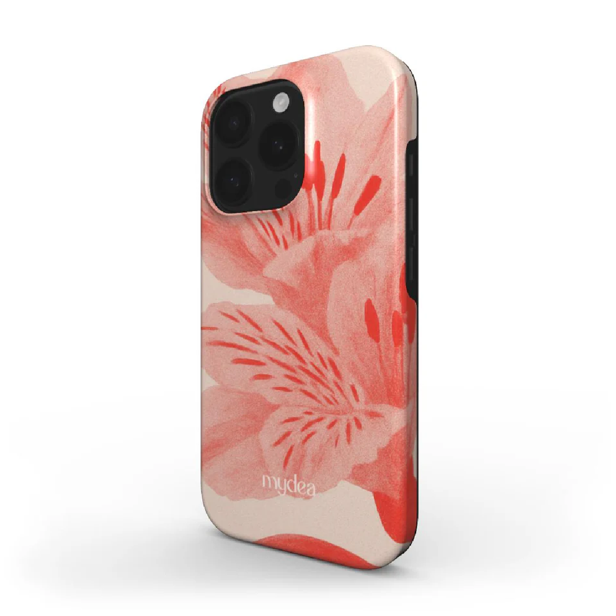 Una custodia per telefono con un design floreale. La custodia è rosa con una stampa floreale rossa. La fotocamera del telefono è visibile.