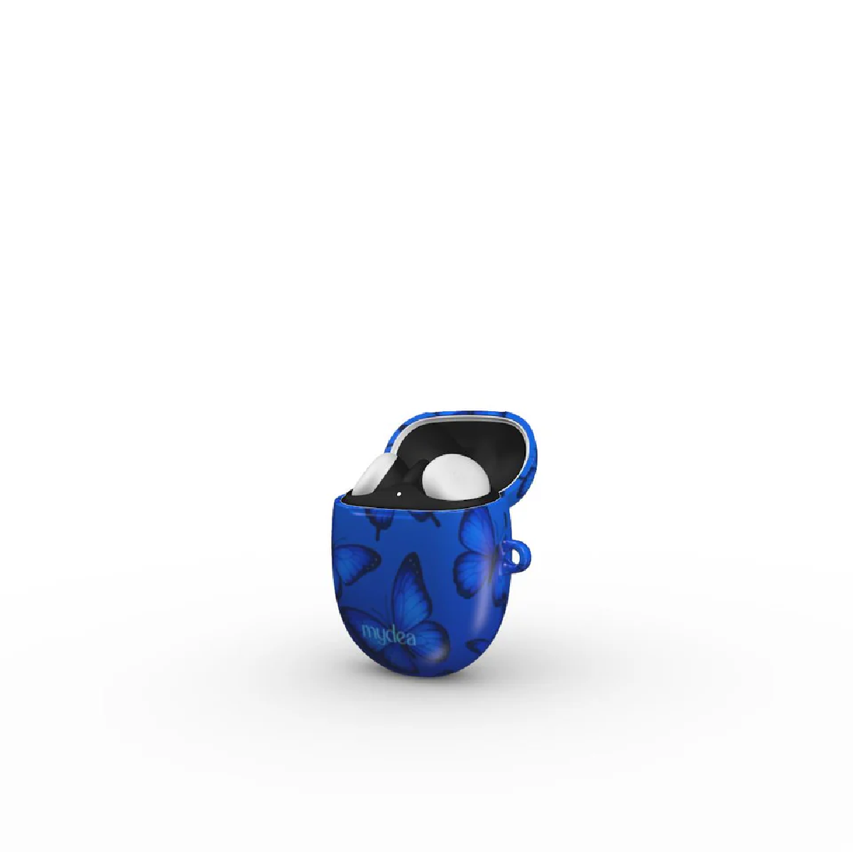 Custodia blu per auricolari con design a farfalla, aperta per rivelare auricolari bianchi. La custodia ha un piccolo anello e il marchio 'myclea'.