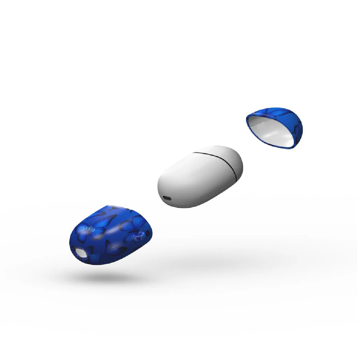 Un oggetto bianco a forma di pillola con una linea nera e due custodie blu con motivo a farfalle.