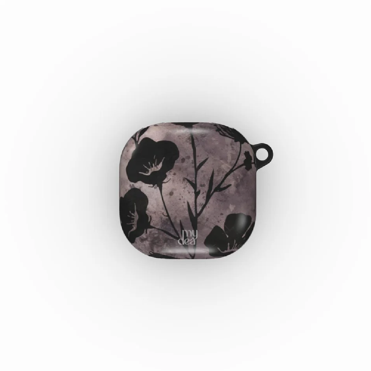 Una custodia con design floreale nero. La custodia ha uno sfondo lavanda. Alcuni fiori in primo piano, con Mydea scritto sulla custodia.